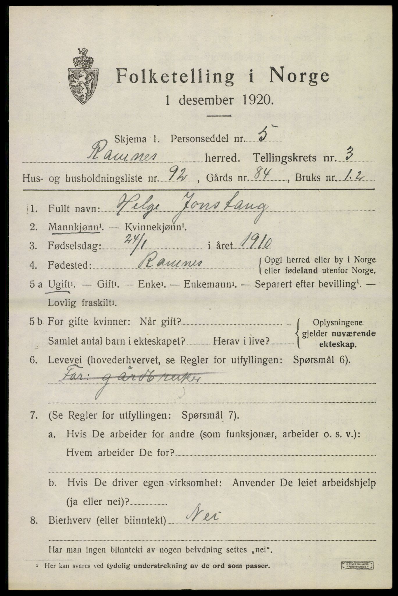 SAKO, 1920 census for Ramnes, 1920, p. 4308