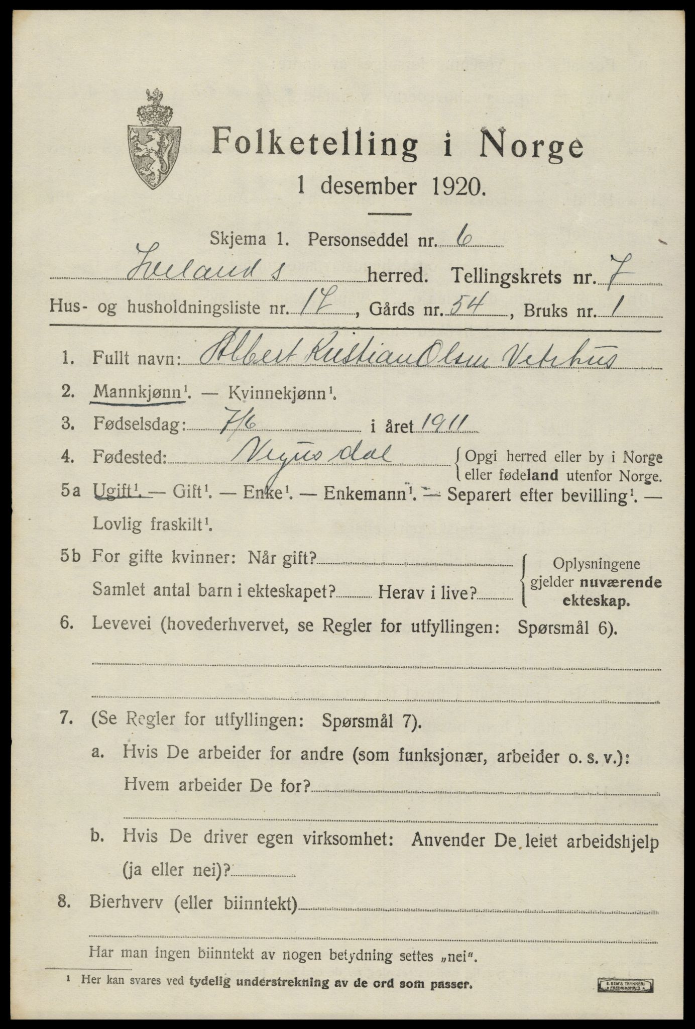 SAK, 1920 census for Iveland, 1920, p. 2285