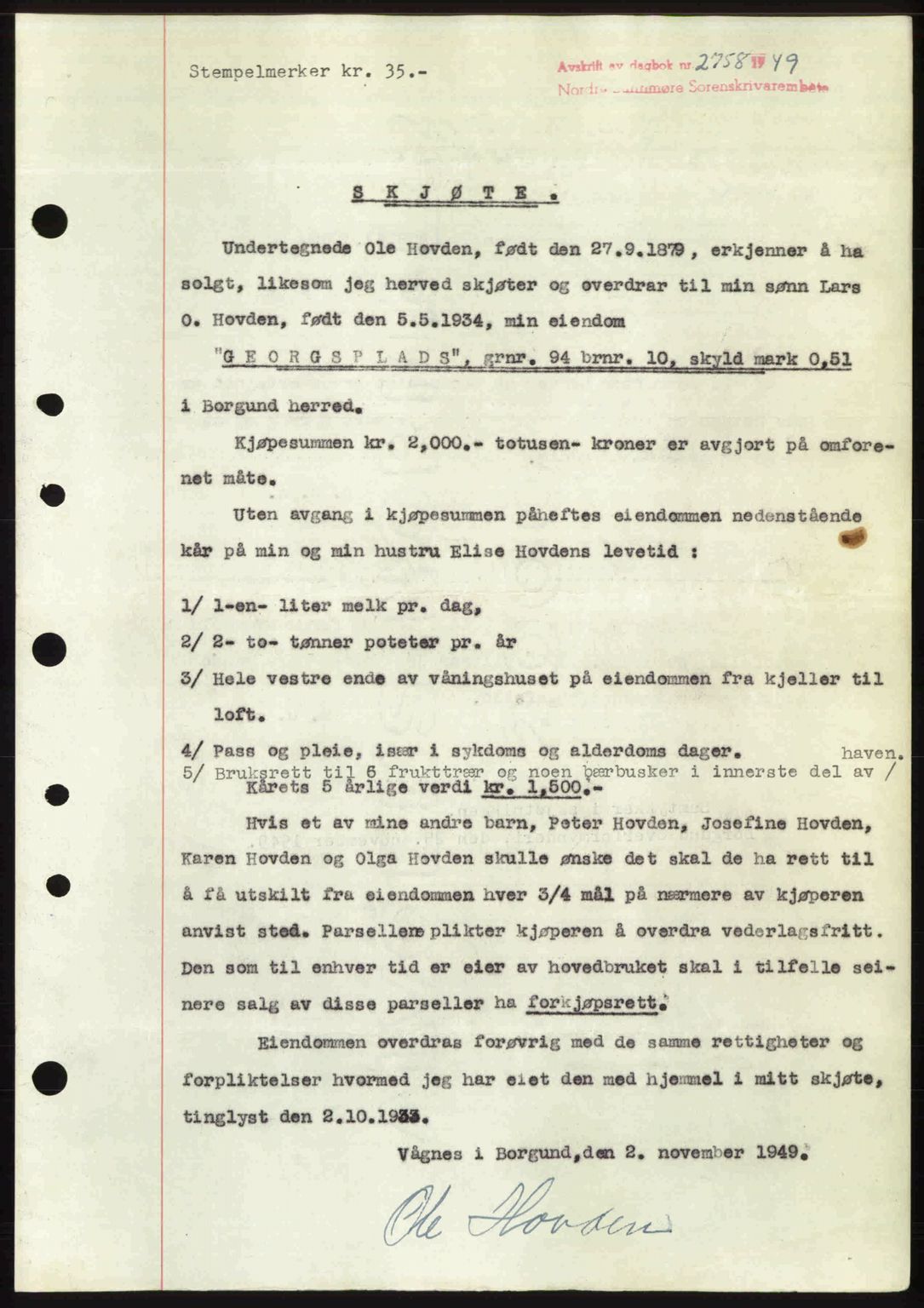 Nordre Sunnmøre sorenskriveri, AV/SAT-A-0006/1/2/2C/2Ca: Mortgage book no. A33, 1949-1950, Diary no: : 2758/1949