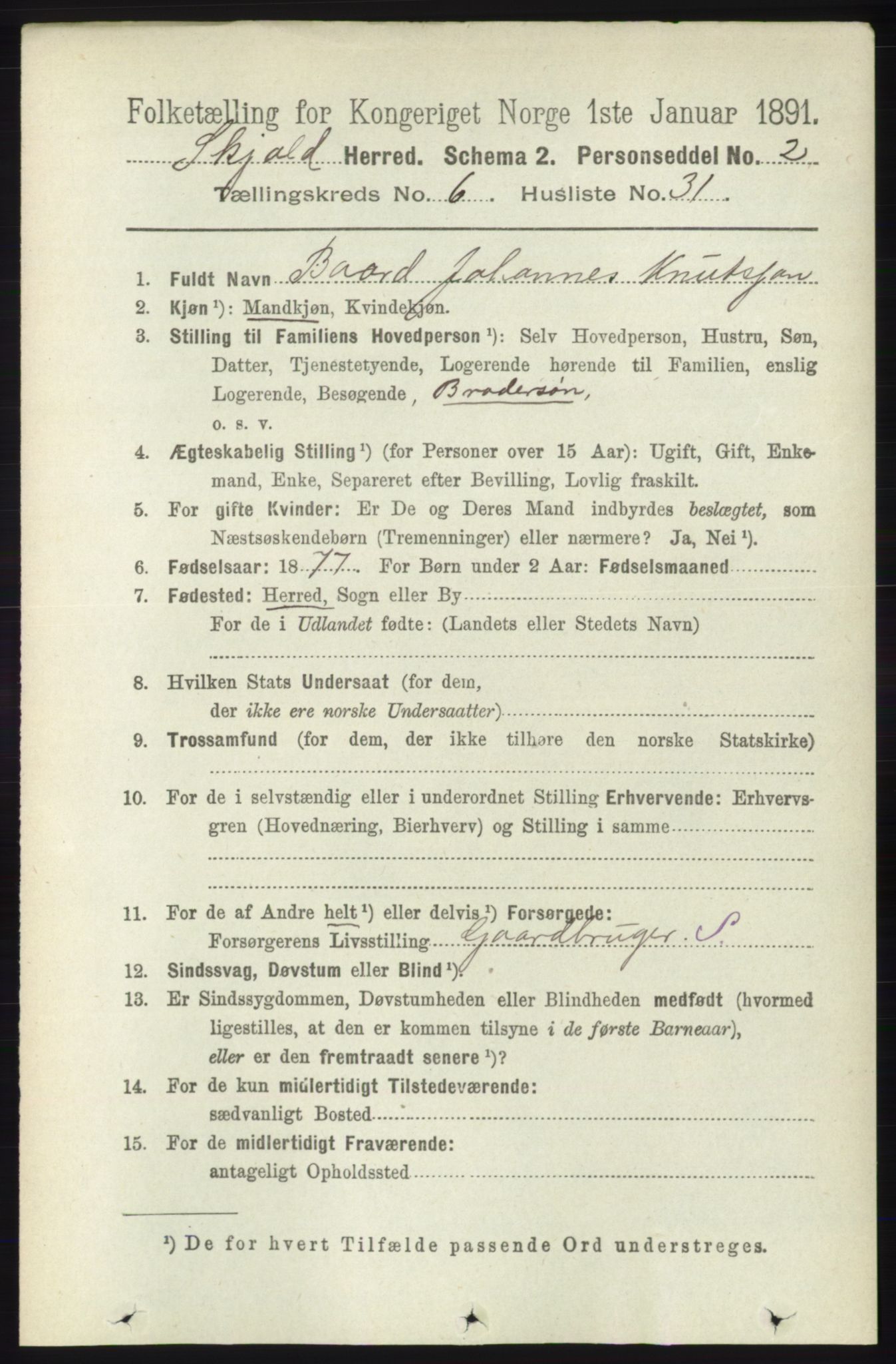 RA, 1891 census for 1154 Skjold, 1891, p. 1170