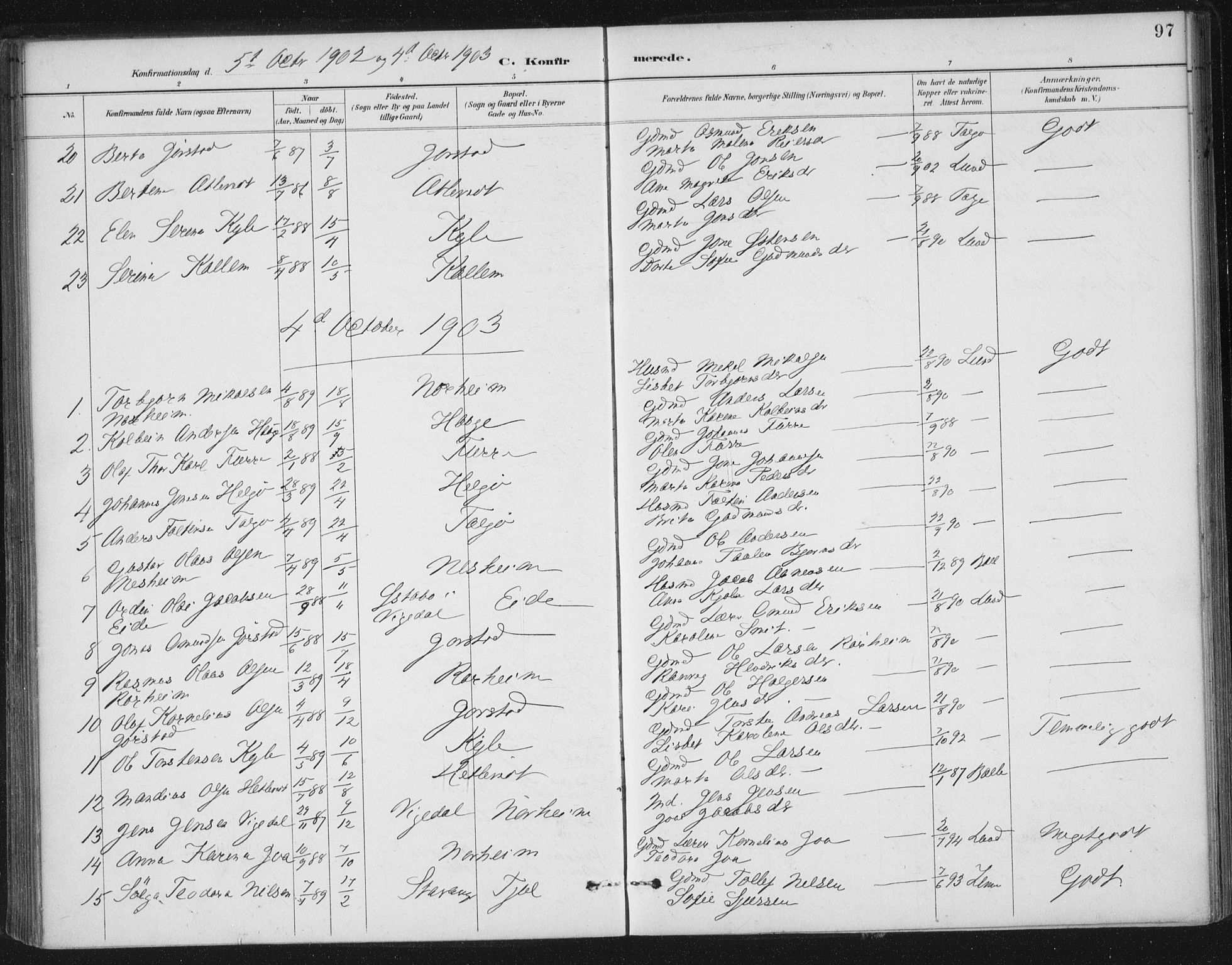 Nedstrand sokneprestkontor, AV/SAST-A-101841/01/IV: Parish register (official) no. A 13, 1887-1915, p. 97