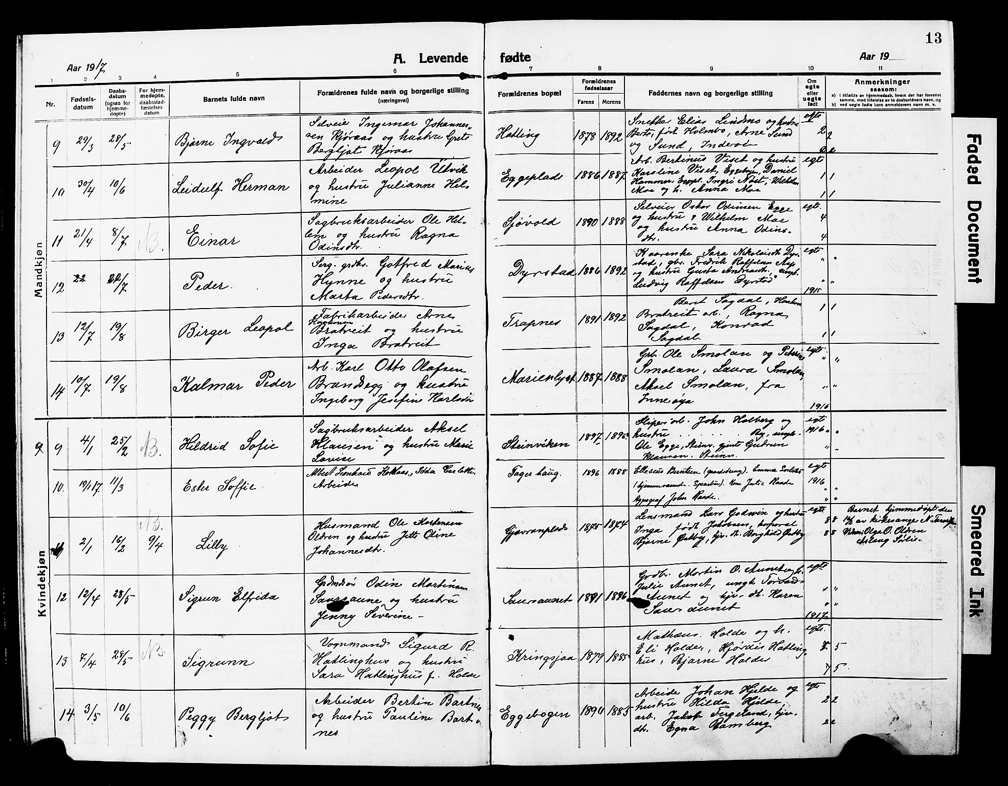 Ministerialprotokoller, klokkerbøker og fødselsregistre - Nord-Trøndelag, AV/SAT-A-1458/740/L0382: Parish register (copy) no. 740C03, 1915-1927, p. 13