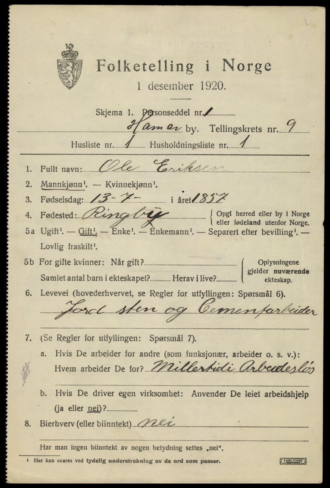 SAH, 1920 census for Hamar, 1920, p. 16089