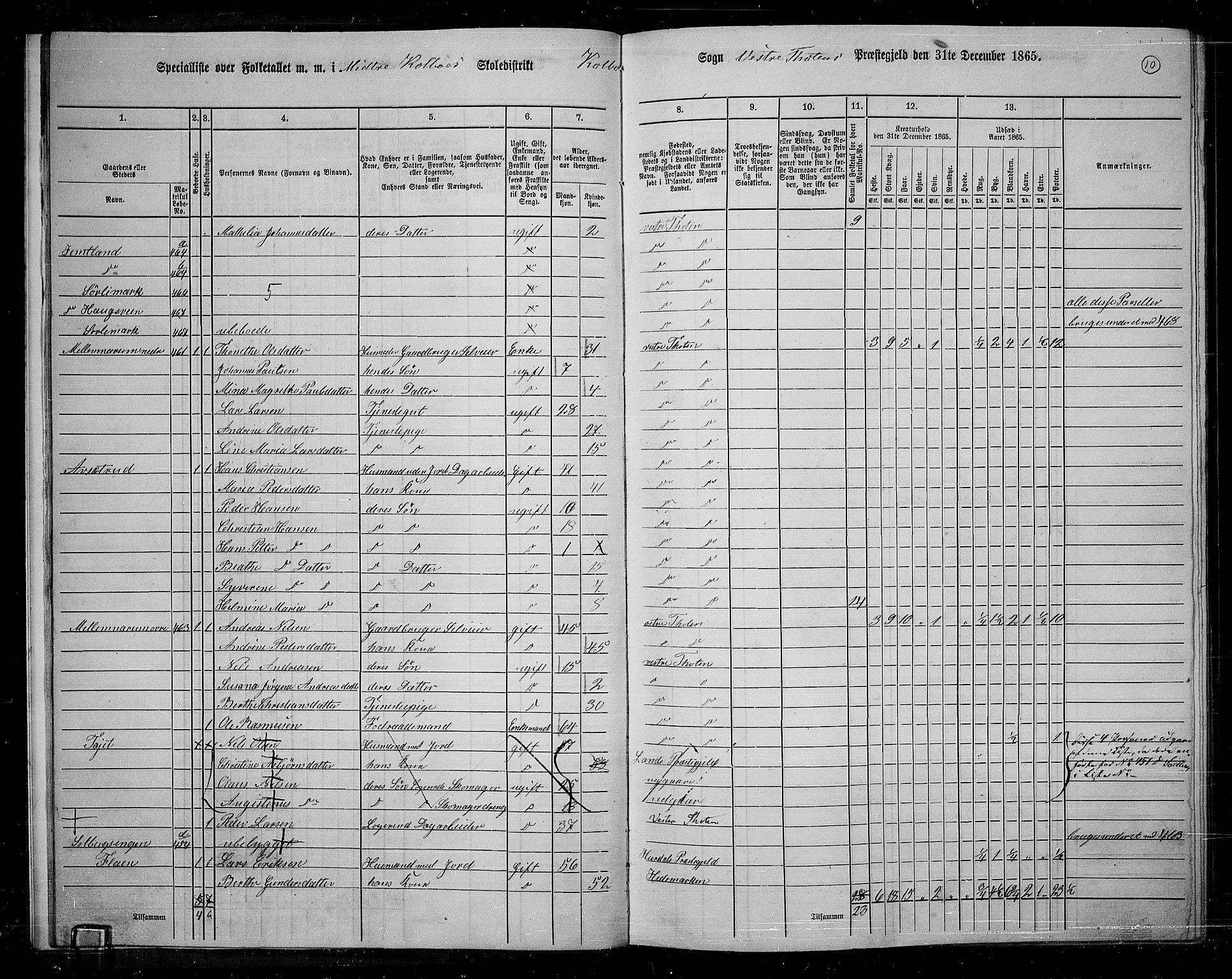 RA, 1865 census for Vestre Toten, 1865, p. 174