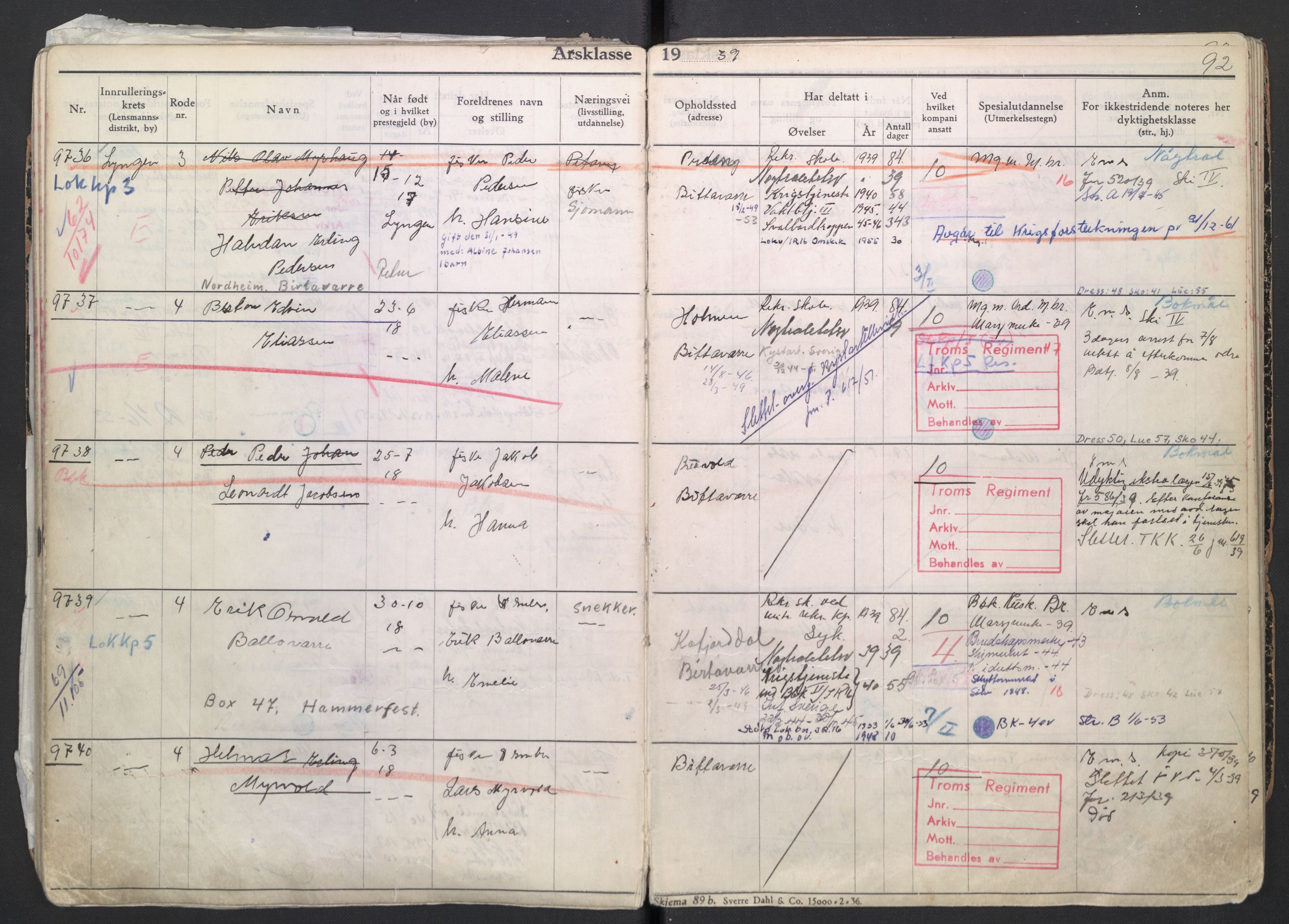 Forsvaret, Troms infanteriregiment nr. 16, AV/RA-RAFA-3146/P/Pa/L0007/0004: Ruller / Rulle for regimentets menige mannskaper, årsklasse 1939, 1939, p. 92