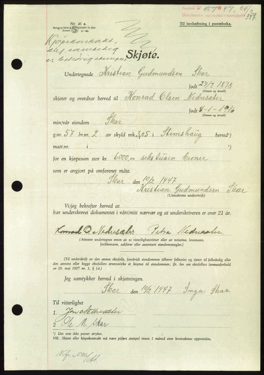 Nordmøre sorenskriveri, AV/SAT-A-4132/1/2/2Ca: Mortgage book no. A104, 1947-1947, Diary no: : 457/1947