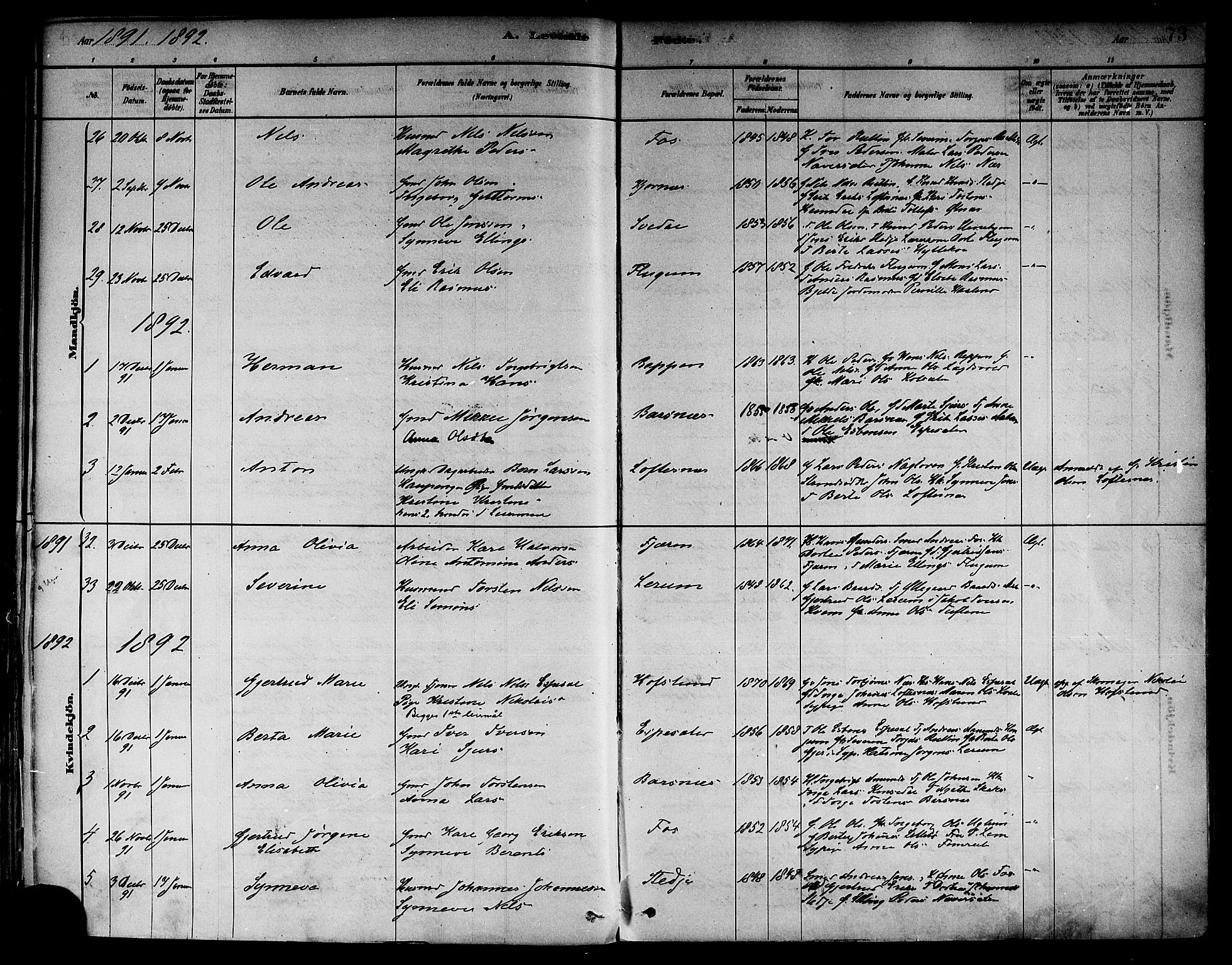 Sogndal sokneprestembete, SAB/A-81301/H/Haa/Haab/L0001: Parish register (official) no. B 1, 1878-1899, p. 73