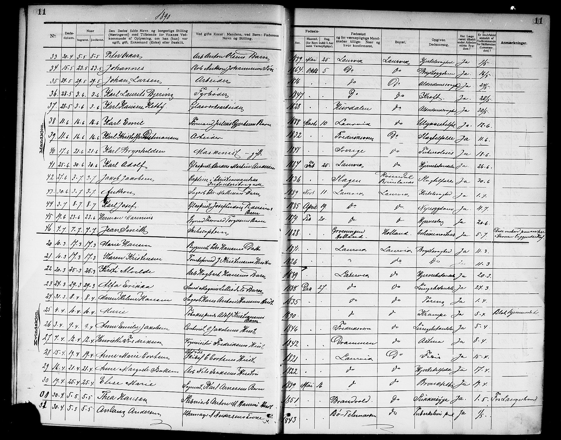 Larvik kirkebøker, SAKO/A-352/G/Ga/L0007: Parish register (copy) no. I 7, 1888-1918, p. 11