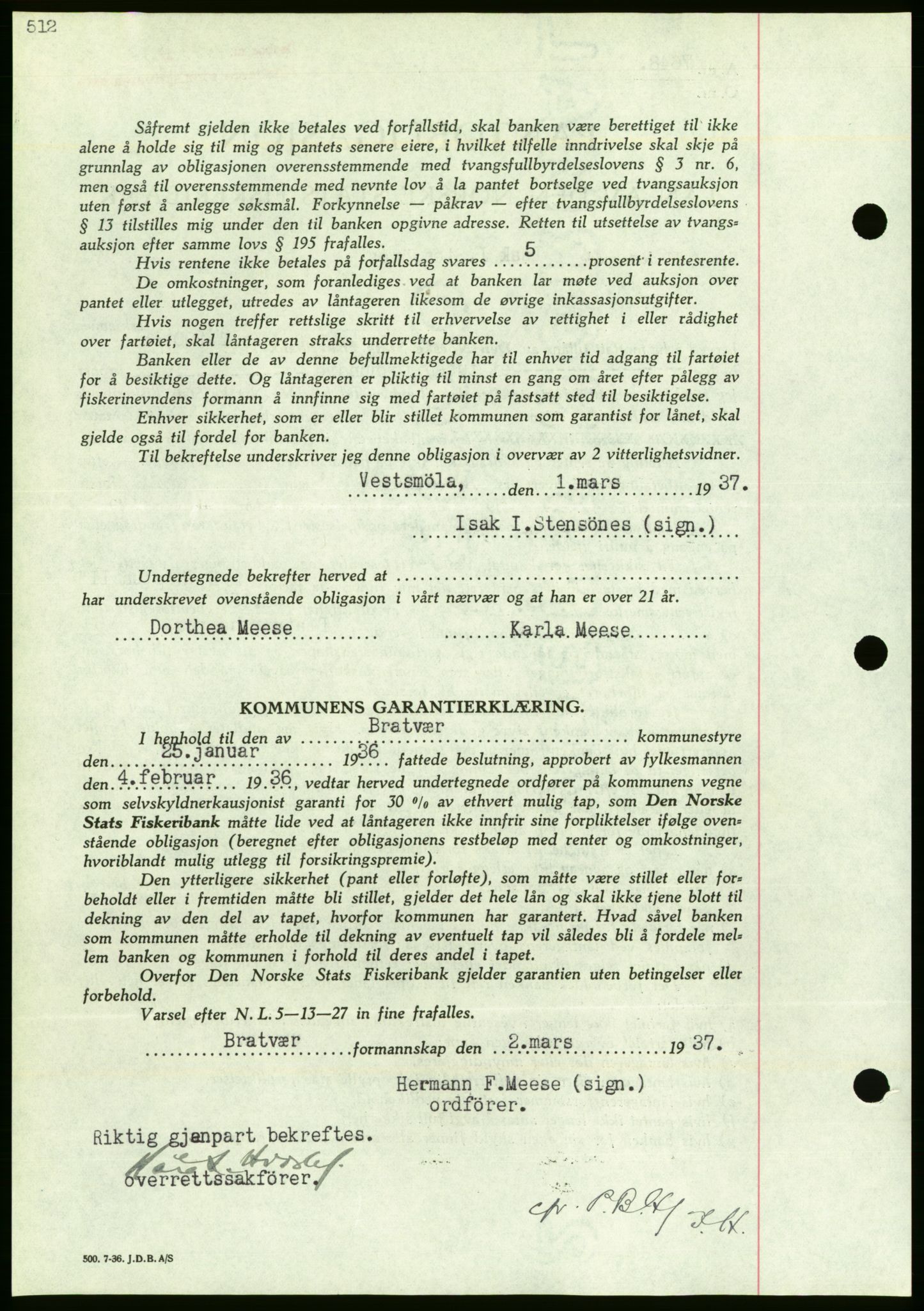 Nordmøre sorenskriveri, AV/SAT-A-4132/1/2/2Ca/L0091: Mortgage book no. B81, 1937-1937, Diary no: : 1585/1937