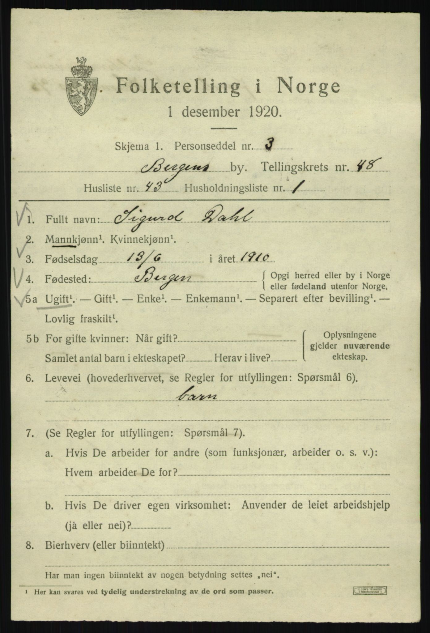 SAB, 1920 census for Bergen, 1920, p. 117956