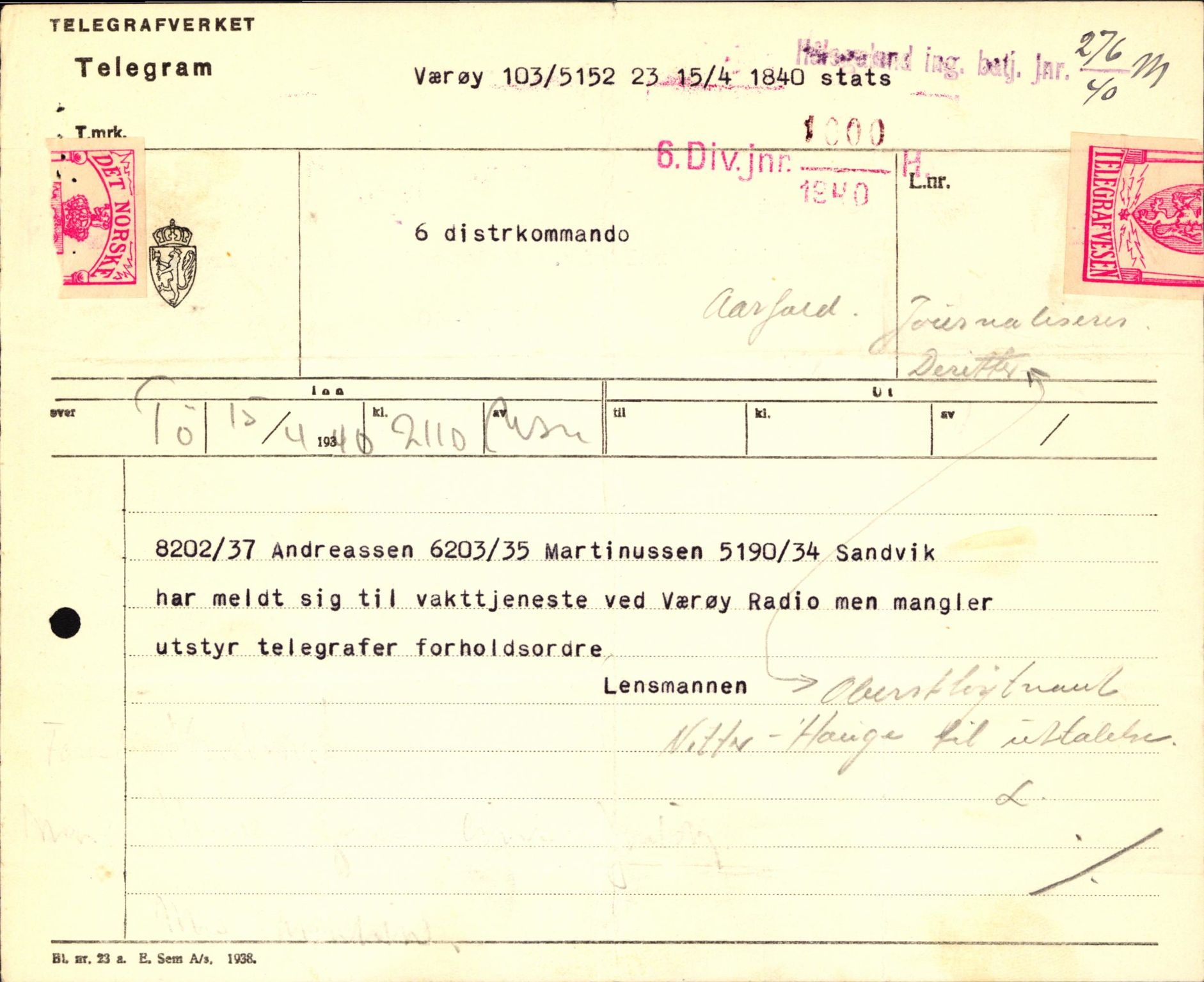 Forsvaret, Forsvarets krigshistoriske avdeling, AV/RA-RAFA-2017/Y/Yb/L0123: II-C-11-600  -  6. Divisjon med avdelinger, 1940, p. 279