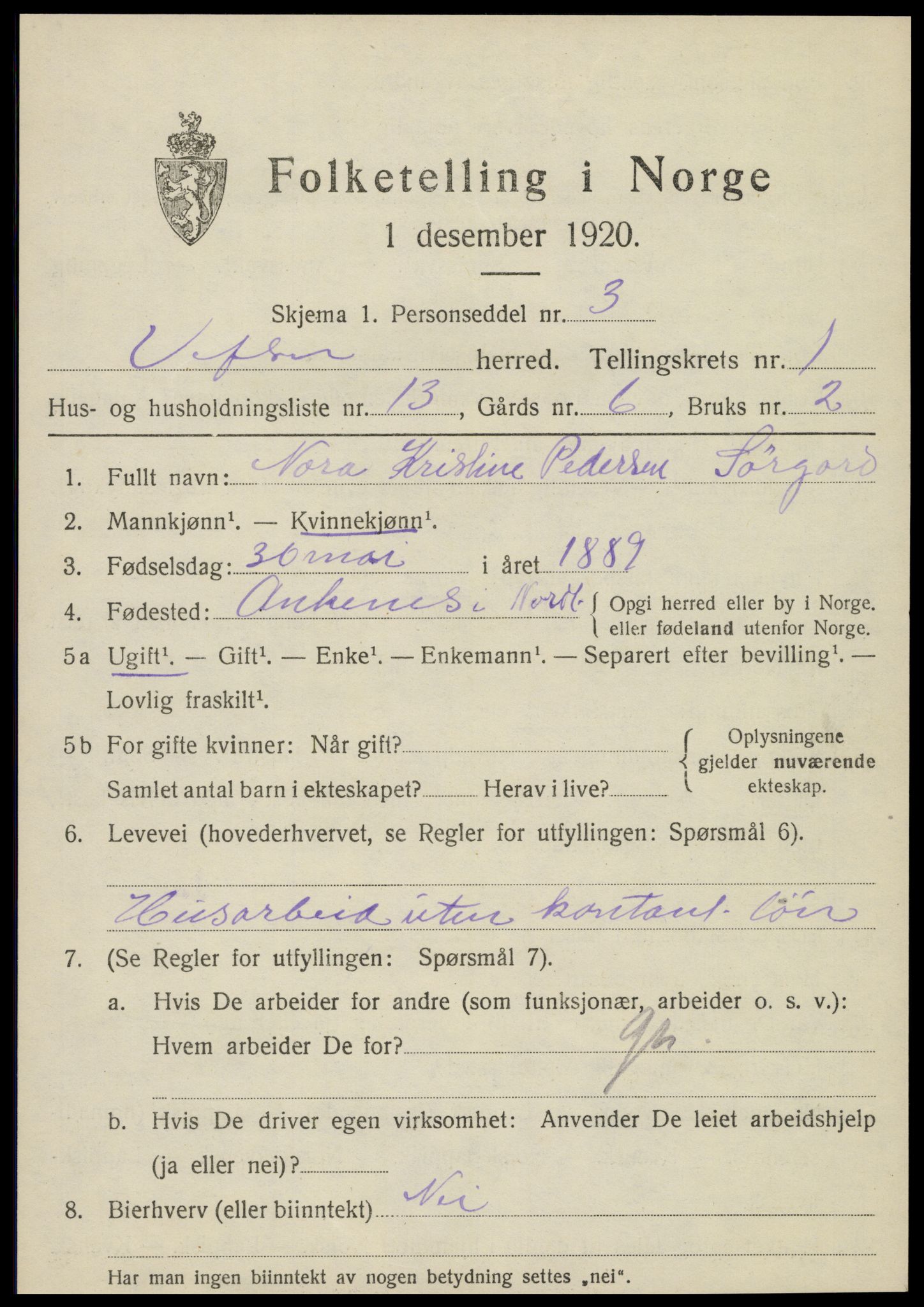 SAT, 1920 census for Vefsn, 1920, p. 1831