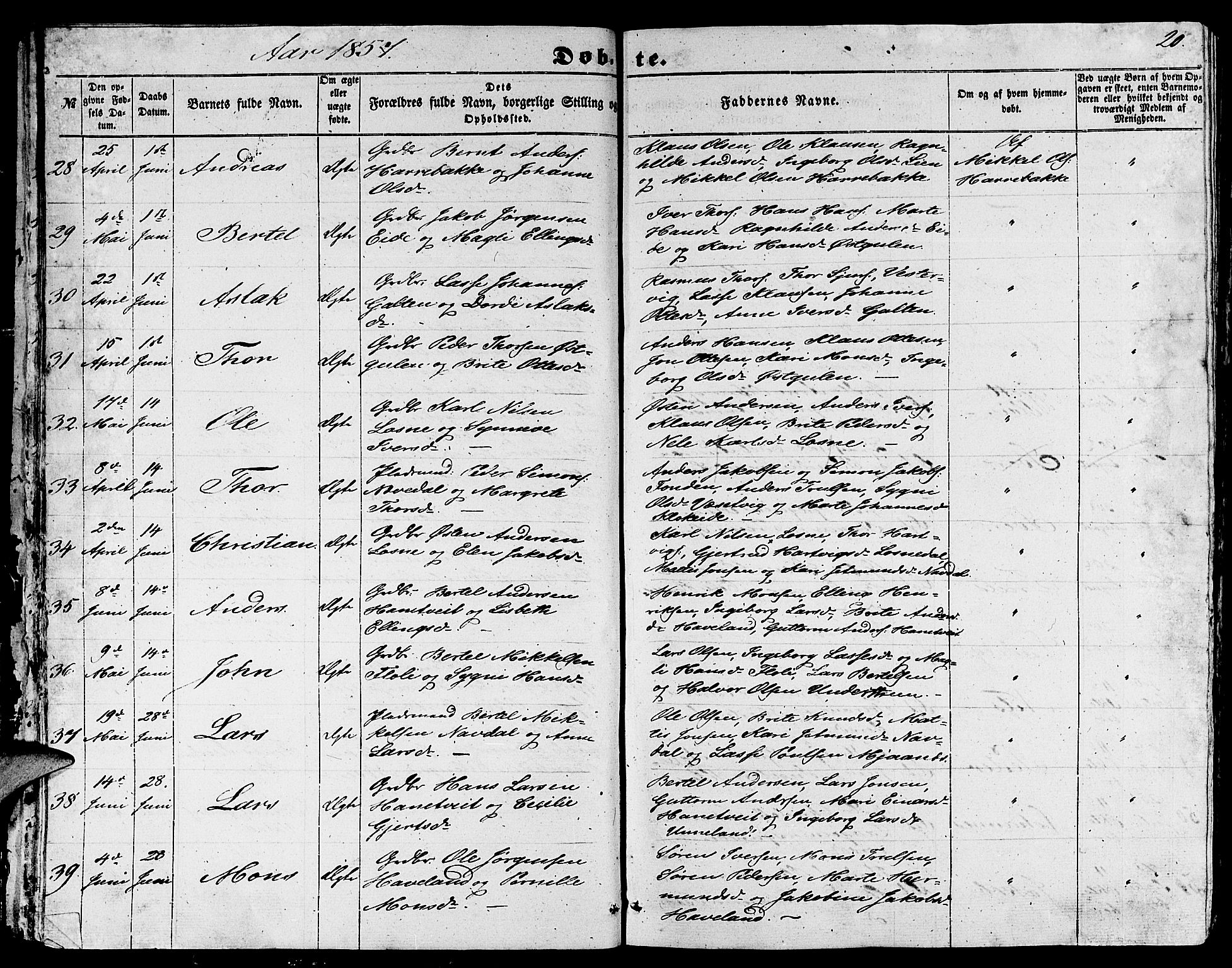 Gulen sokneprestembete, SAB/A-80201/H/Hab/Habb/L0001: Parish register (copy) no. B 1, 1854-1866, p. 20