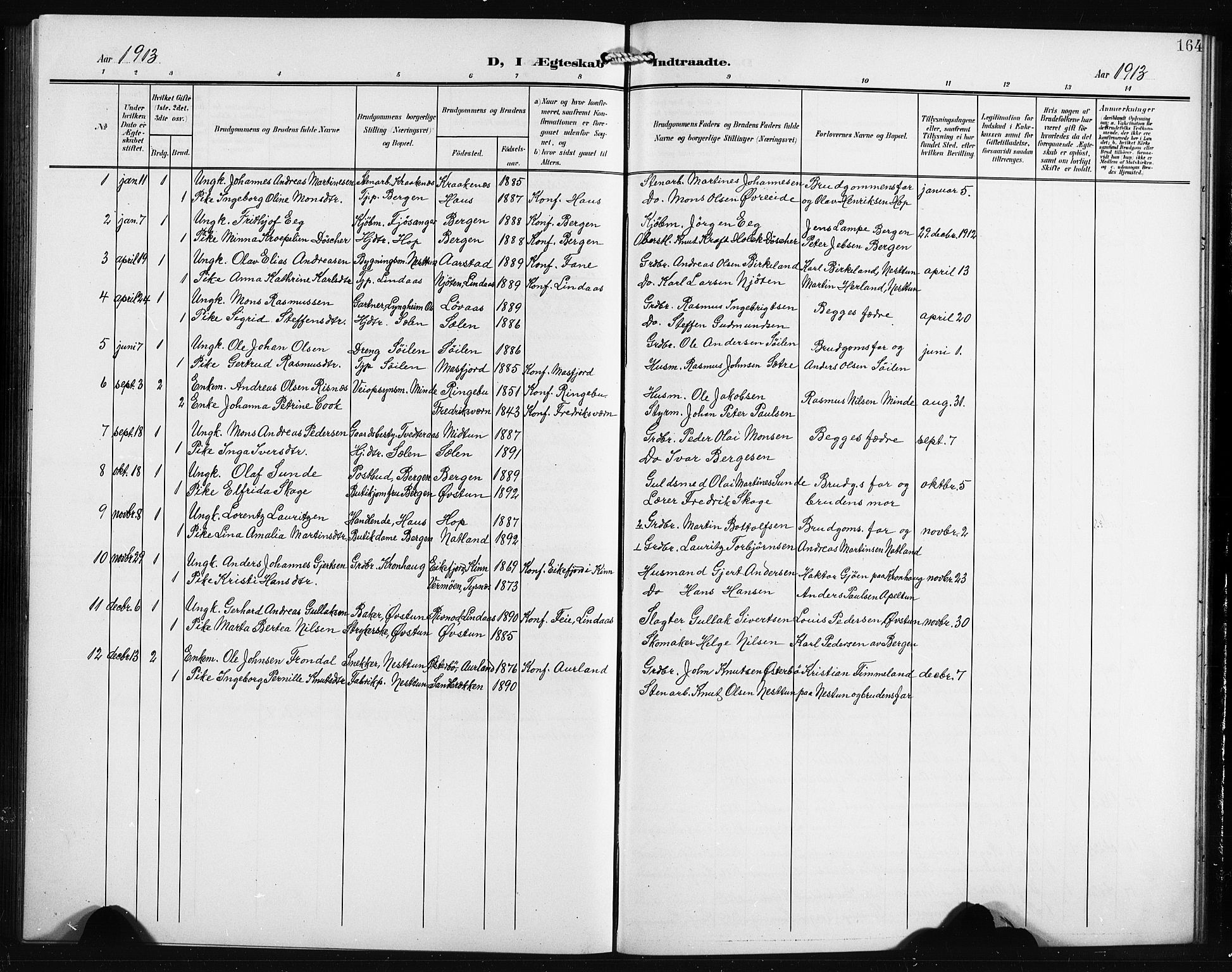 Birkeland Sokneprestembete, SAB/A-74601/H/Hab: Parish register (copy) no. A 6, 1906-1915, p. 164