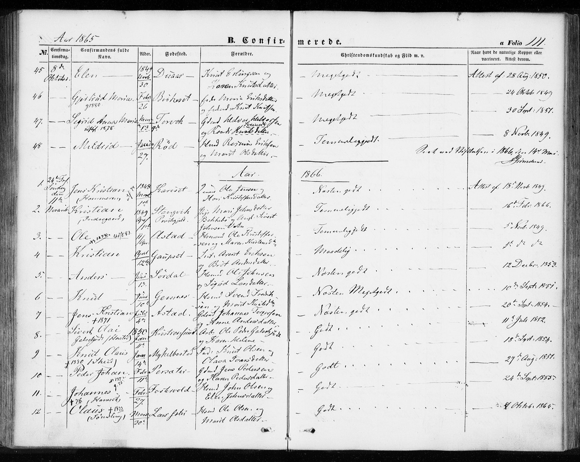Ministerialprotokoller, klokkerbøker og fødselsregistre - Møre og Romsdal, SAT/A-1454/584/L0965: Parish register (official) no. 584A05, 1857-1868, p. 111