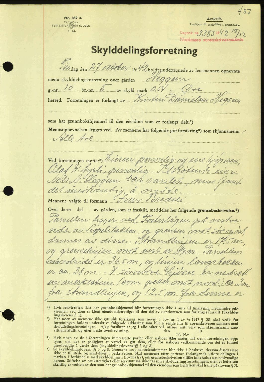 Nordmøre sorenskriveri, AV/SAT-A-4132/1/2/2Ca: Mortgage book no. A94, 1942-1943, Diary no: : 3383/1942