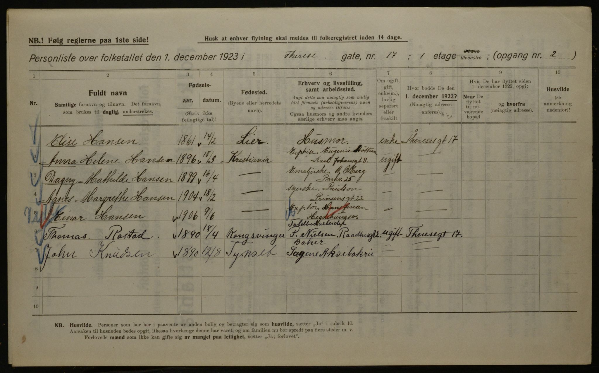 OBA, Municipal Census 1923 for Kristiania, 1923, p. 119557