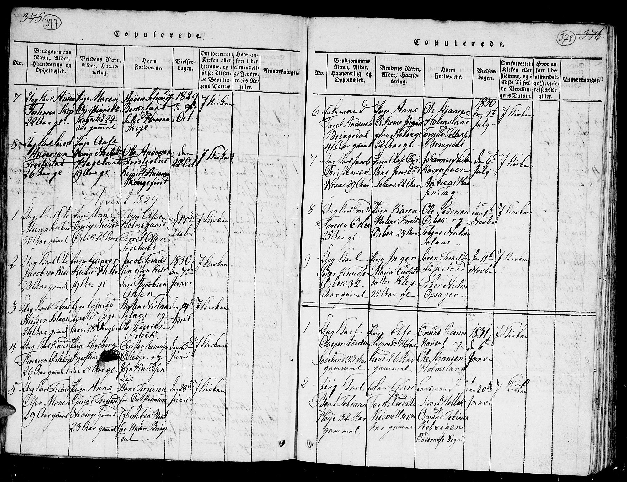Holum sokneprestkontor, SAK/1111-0022/F/Fb/Fba/L0002: Parish register (copy) no. B 2, 1820-1849, p. 377-378
