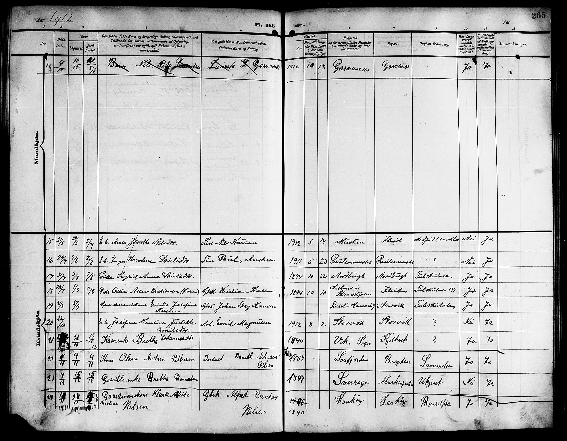 Ministerialprotokoller, klokkerbøker og fødselsregistre - Nordland, AV/SAT-A-1459/861/L0877: Parish register (copy) no. 861C03, 1903-1919, p. 265