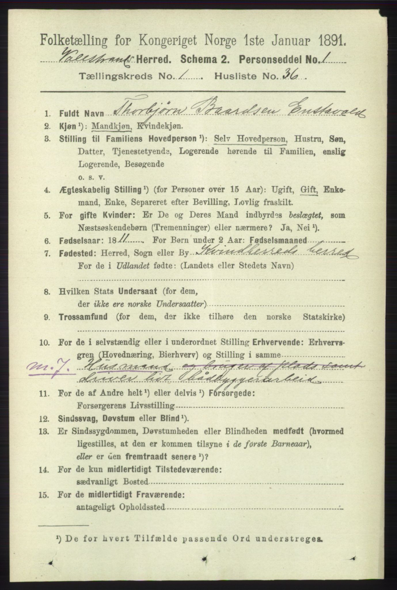 RA, 1891 census for 1217 Valestrand, 1891, p. 254