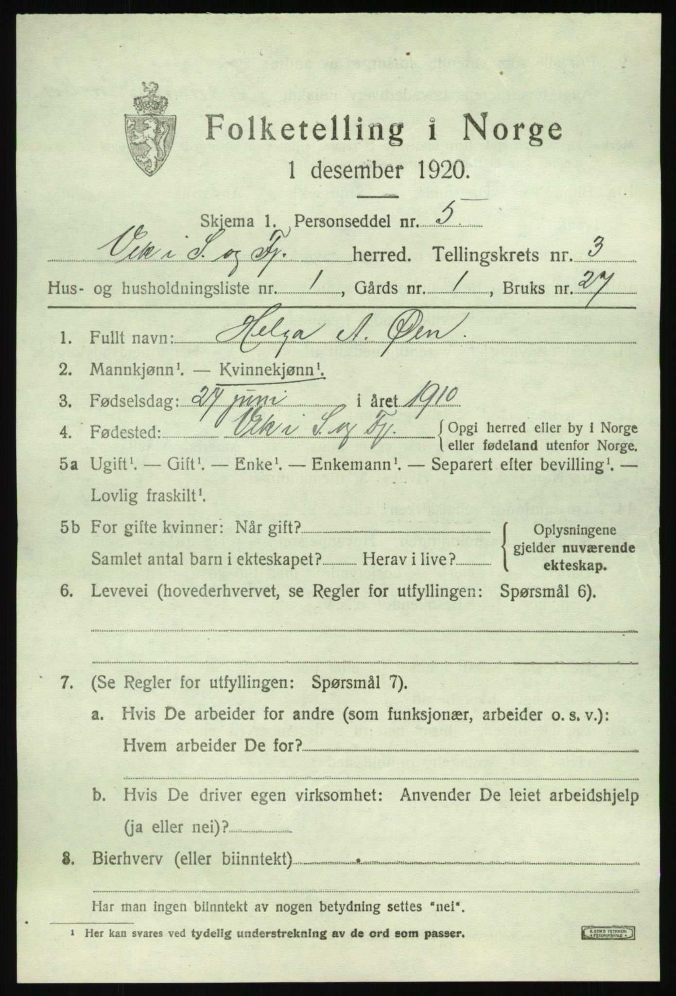 SAB, 1920 census for Vik, 1920, p. 2631