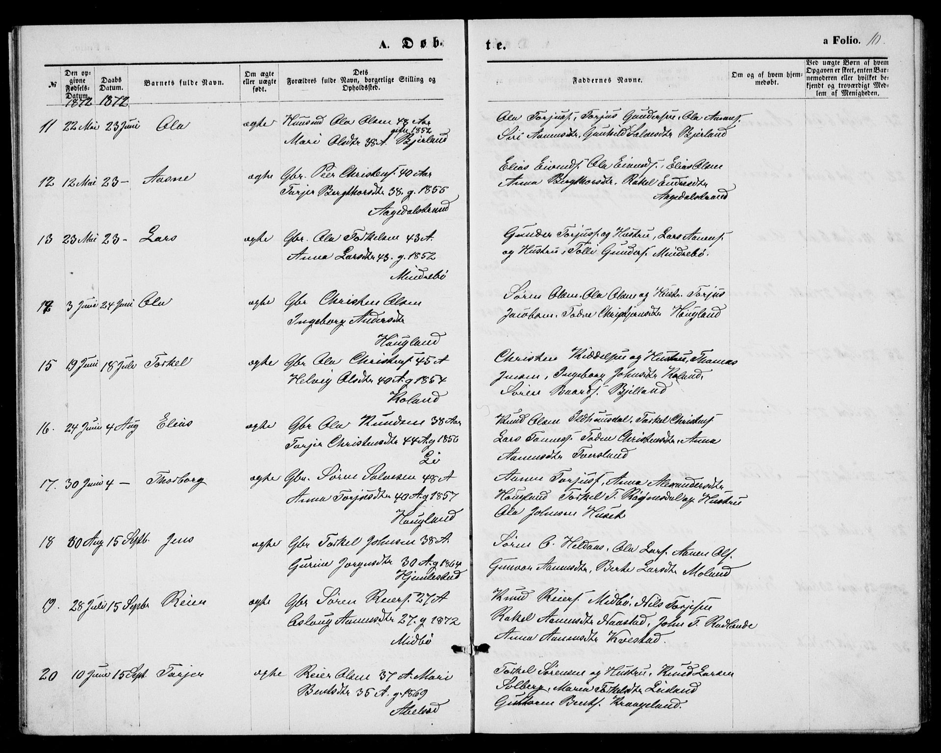 Bjelland sokneprestkontor, AV/SAK-1111-0005/F/Fb/Fba/L0004: Parish register (copy) no. B 4, 1869-1886, p. 10