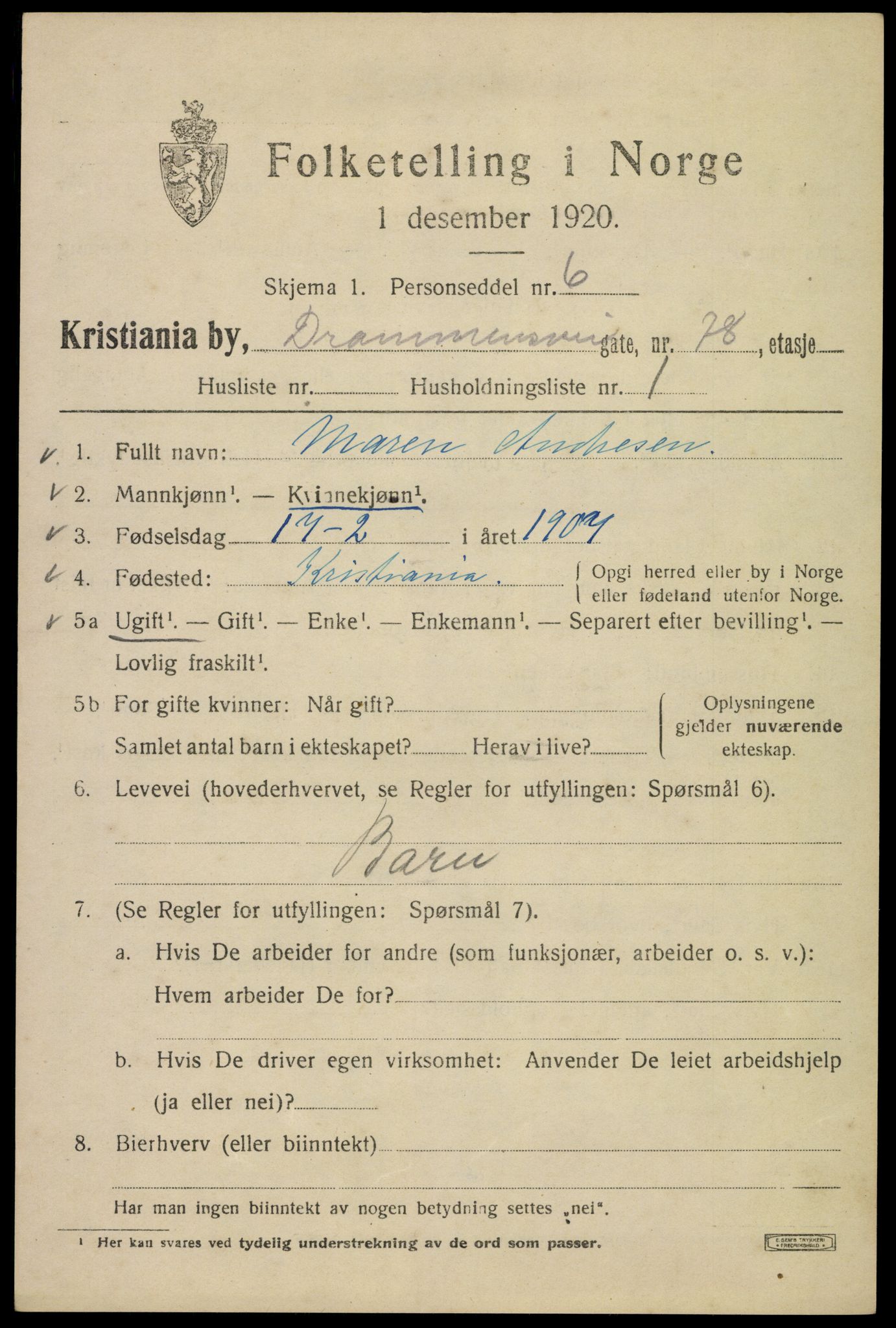 SAO, 1920 census for Kristiania, 1920, p. 202487