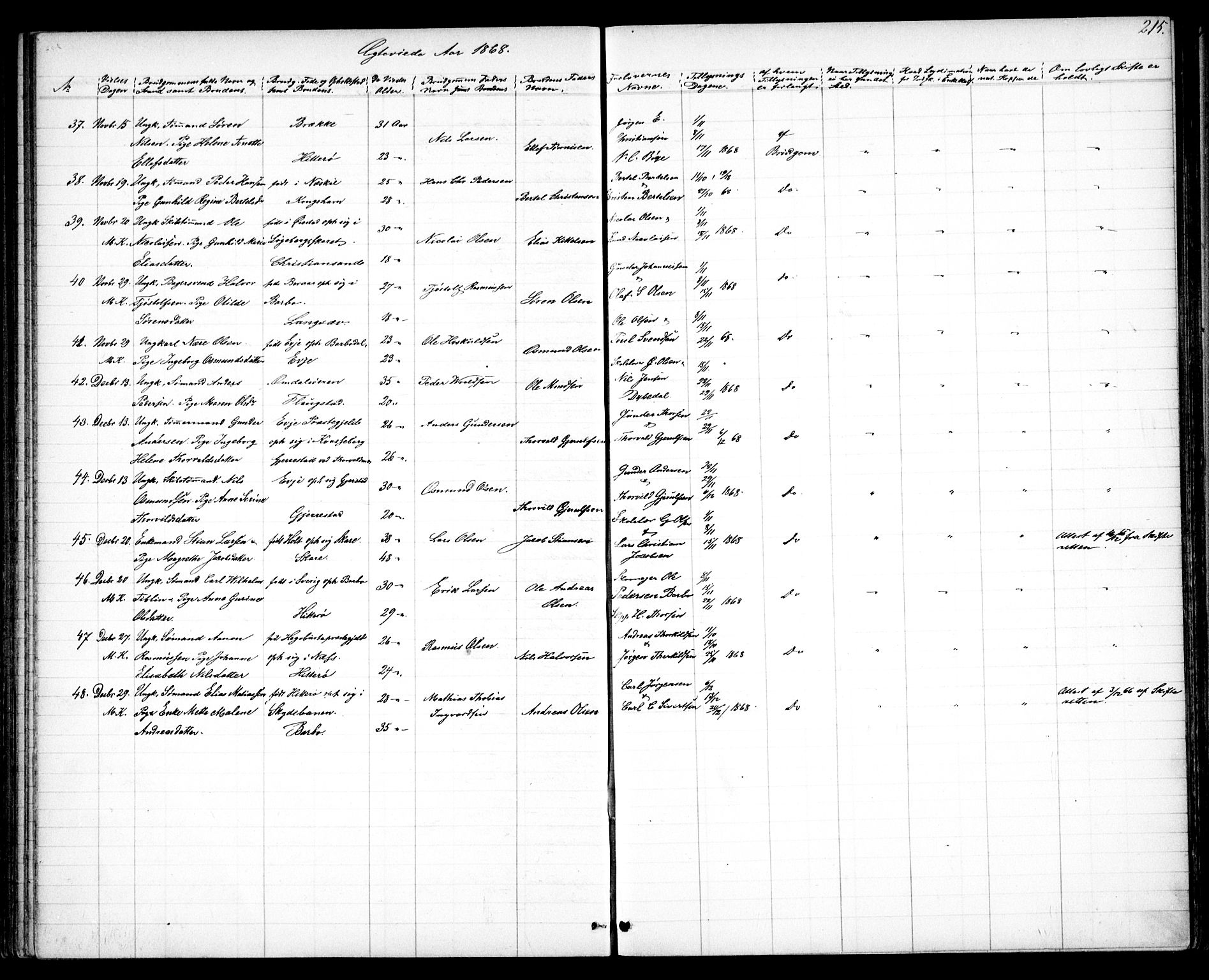 Tromøy sokneprestkontor, AV/SAK-1111-0041/F/Fb/L0003: Parish register (copy) no. B 3, 1859-1868, p. 215