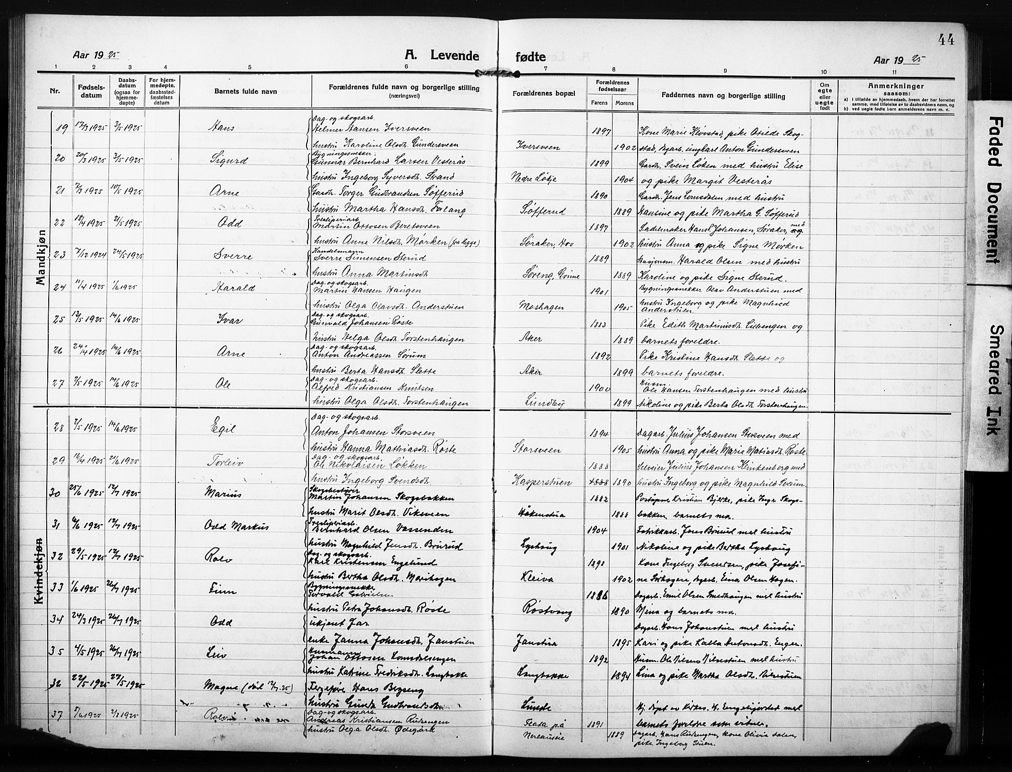 Søndre Land prestekontor, AV/SAH-PREST-122/L/L0007: Parish register (copy) no. 7, 1915-1932, p. 44