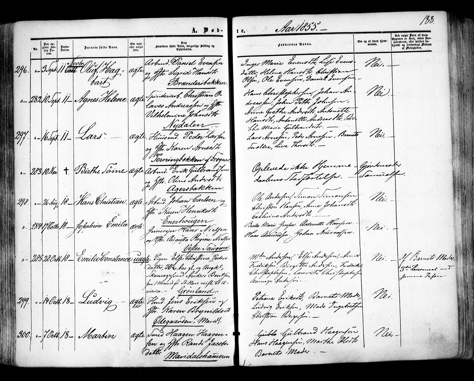 Aker prestekontor kirkebøker, SAO/A-10861/F/L0020: Parish register (official) no. 20, 1853-1857, p. 188