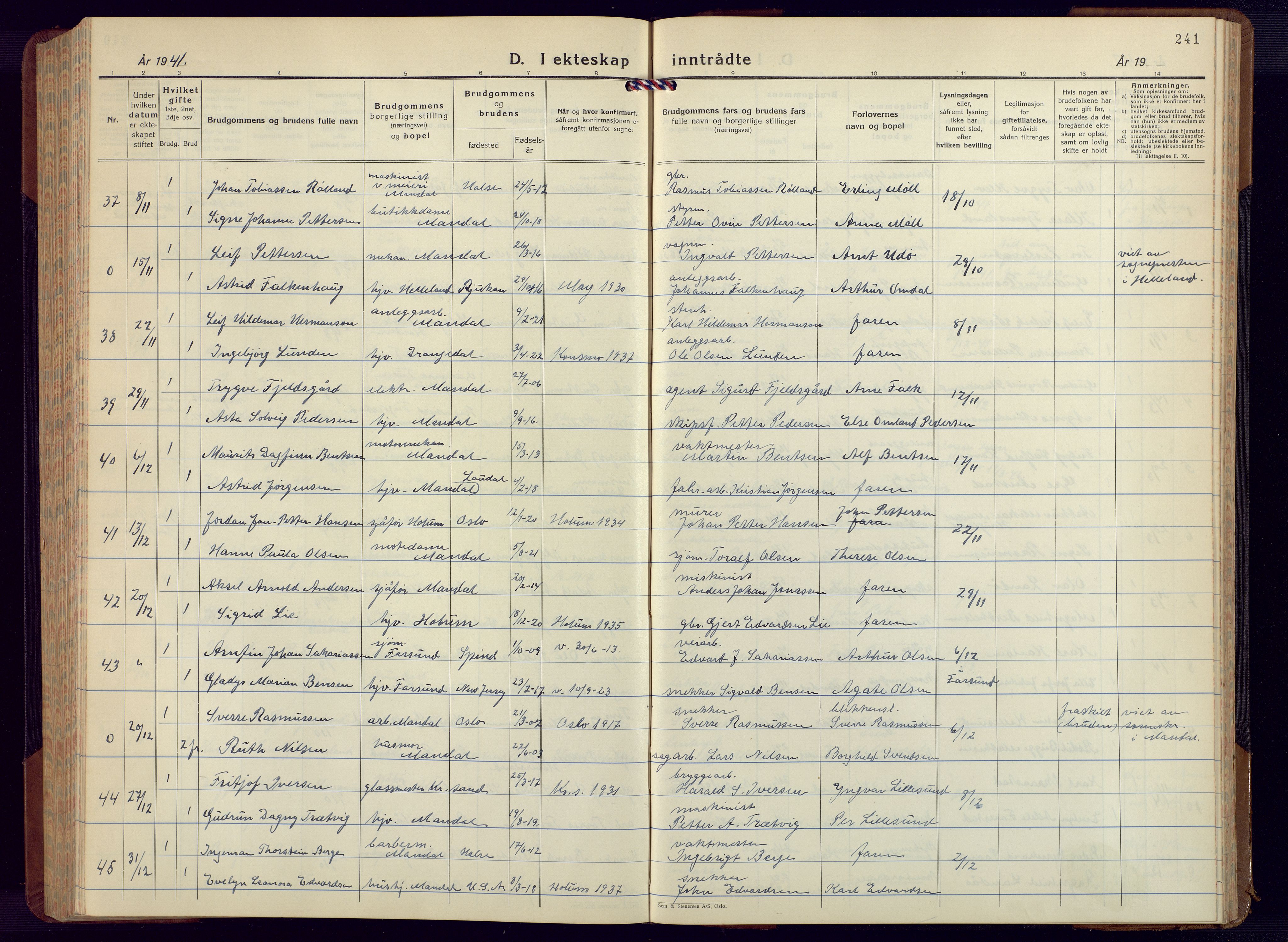 Mandal sokneprestkontor, AV/SAK-1111-0030/F/Fb/Fbc/L0002: Parish register (copy) no. B 2, 1931-1949, p. 241