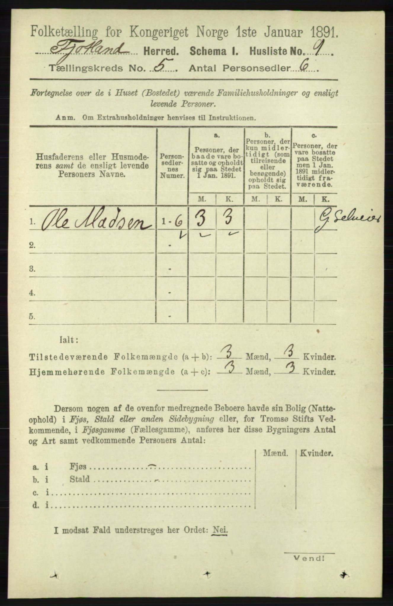 RA, 1891 census for 1036 Fjotland, 1891, p. 707