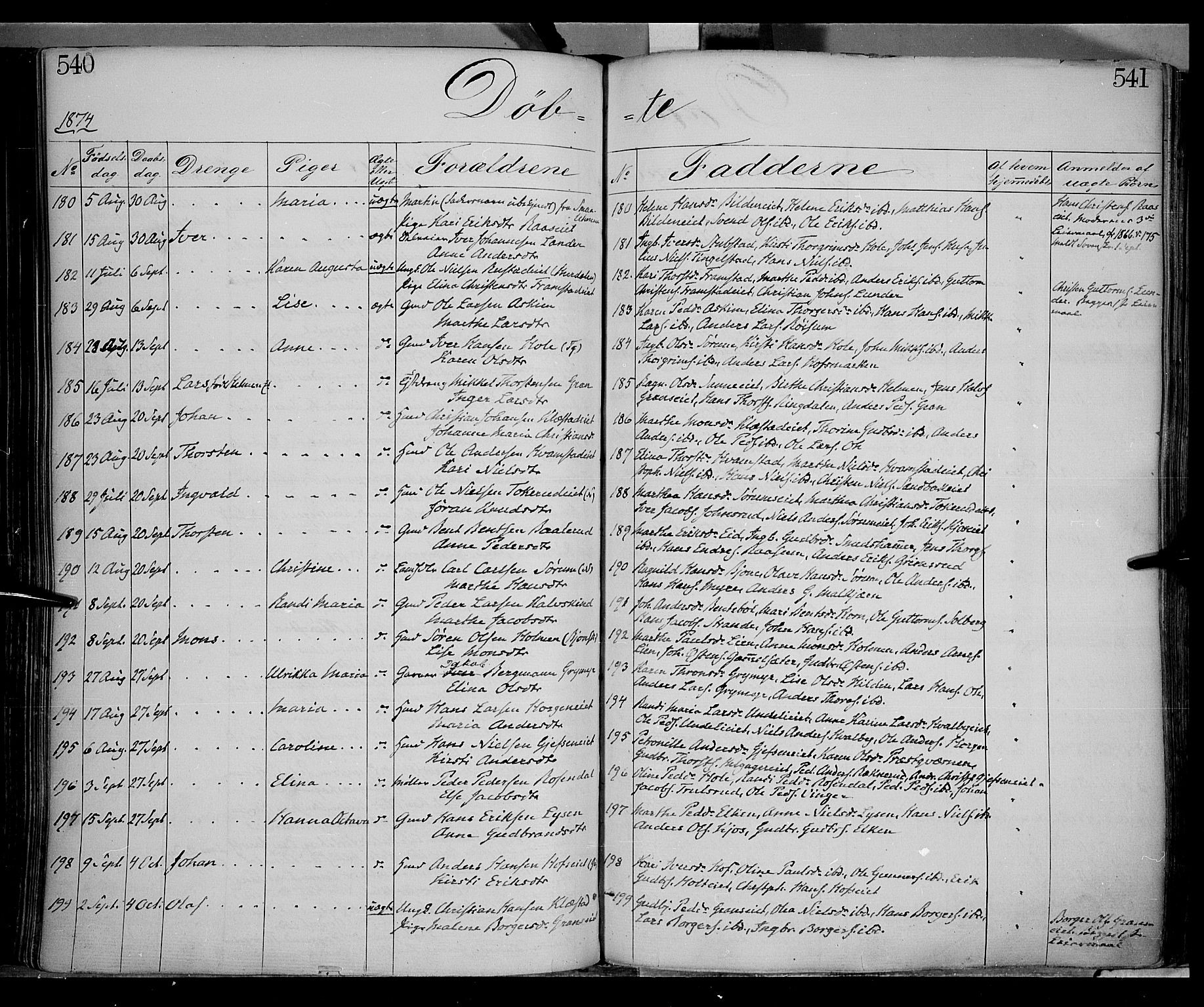 Gran prestekontor, AV/SAH-PREST-112/H/Ha/Haa/L0012: Parish register (official) no. 12, 1856-1874, p. 540-541