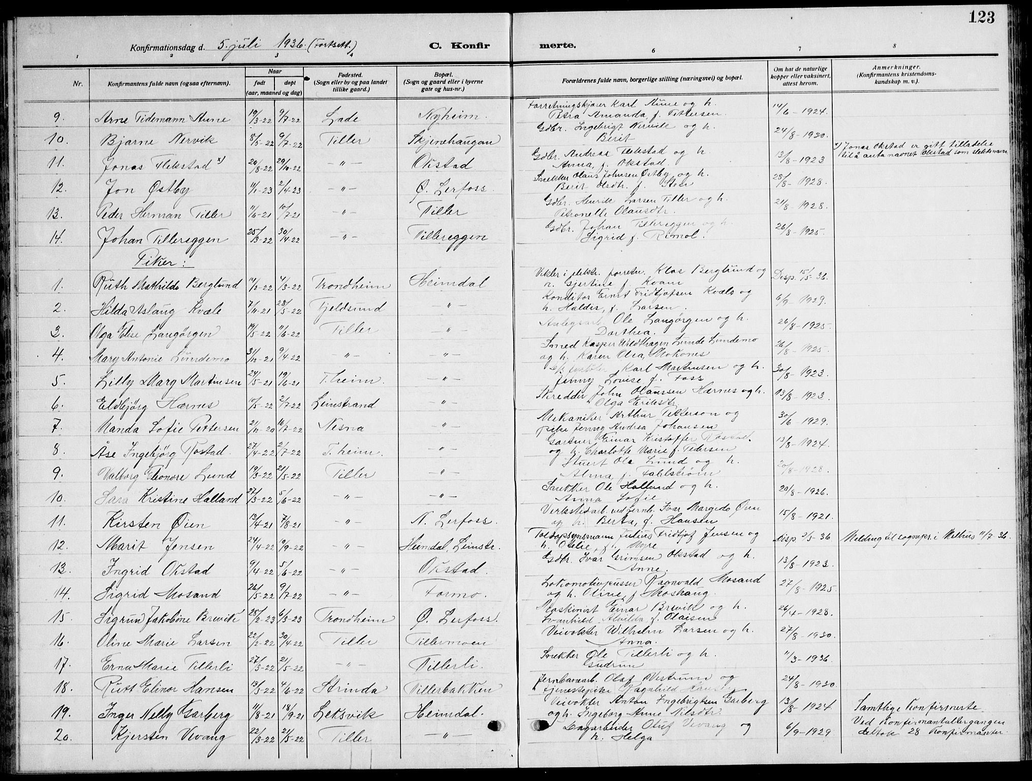 Ministerialprotokoller, klokkerbøker og fødselsregistre - Sør-Trøndelag, SAT/A-1456/621/L0462: Parish register (copy) no. 621C05, 1915-1945, p. 123