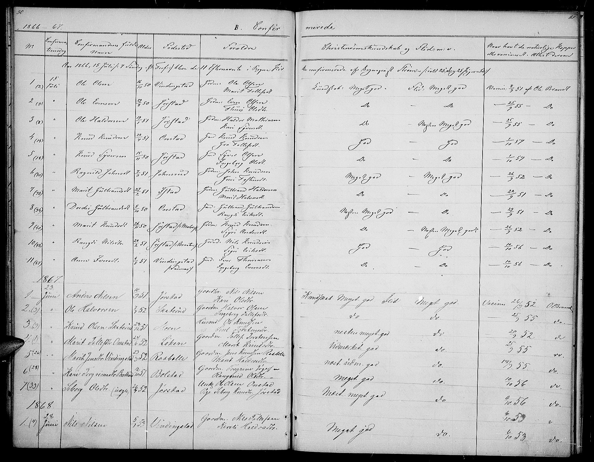 Øystre Slidre prestekontor, SAH/PREST-138/H/Ha/Hab/L0002: Parish register (copy) no. 2, 1866-1886, p. 50-51