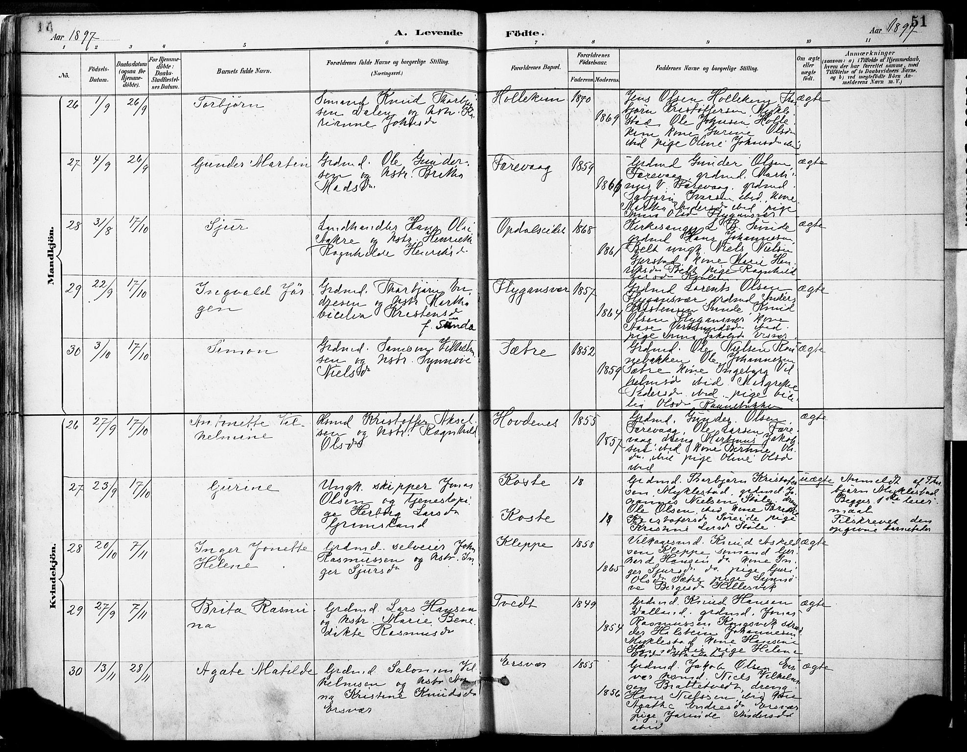 Tysnes sokneprestembete, AV/SAB-A-78601/H/Haa: Parish register (official) no. D 1, 1887-1904, p. 51