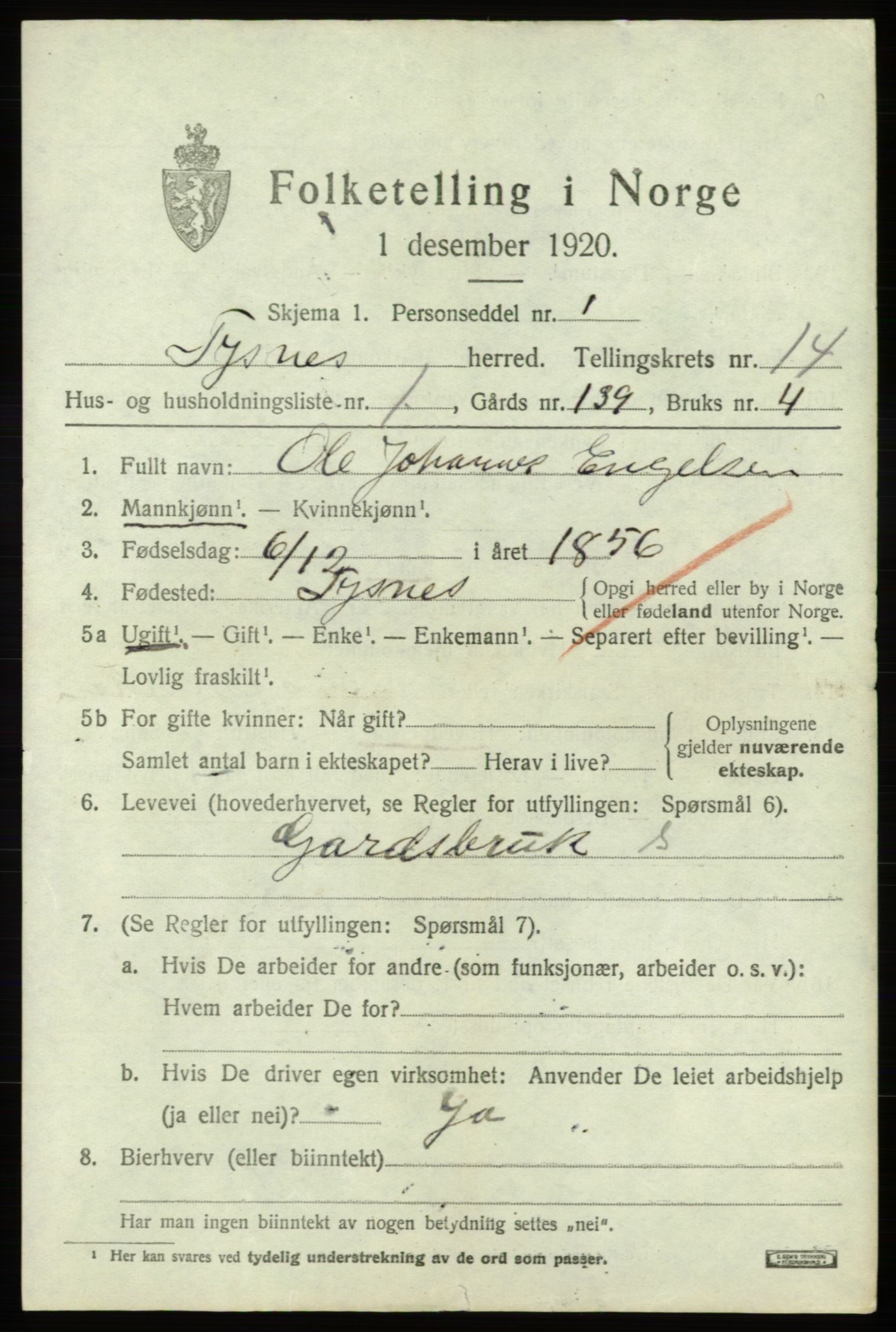 SAB, 1920 census for Tysnes, 1920, p. 9336