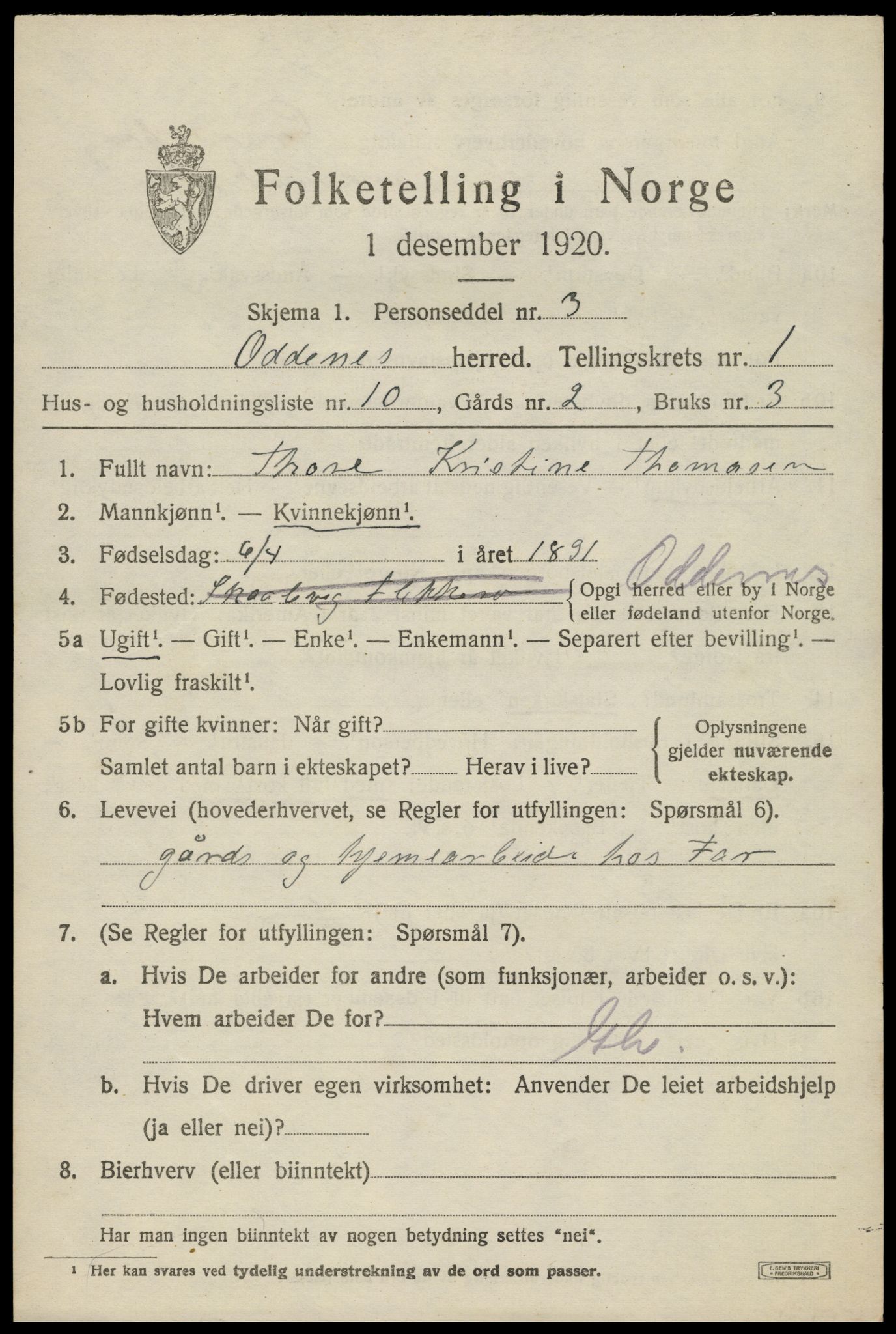 SAK, 1920 census for Oddernes, 1920, p. 2129