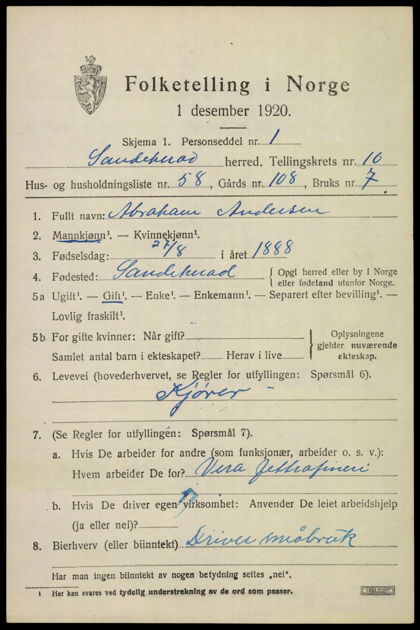 SAKO, 1920 census for Sandeherred, 1920, p. 15256