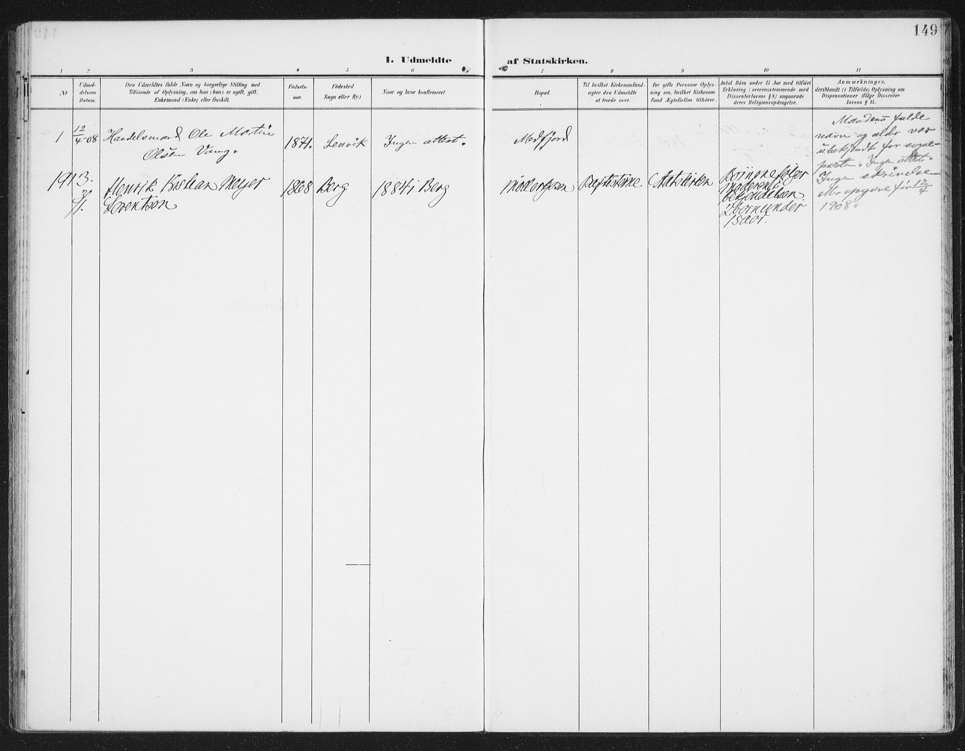 Berg sokneprestkontor, AV/SATØ-S-1318/G/Ga/Gaa/L0007kirke: Parish register (official) no. 7, 1906-1915, p. 149