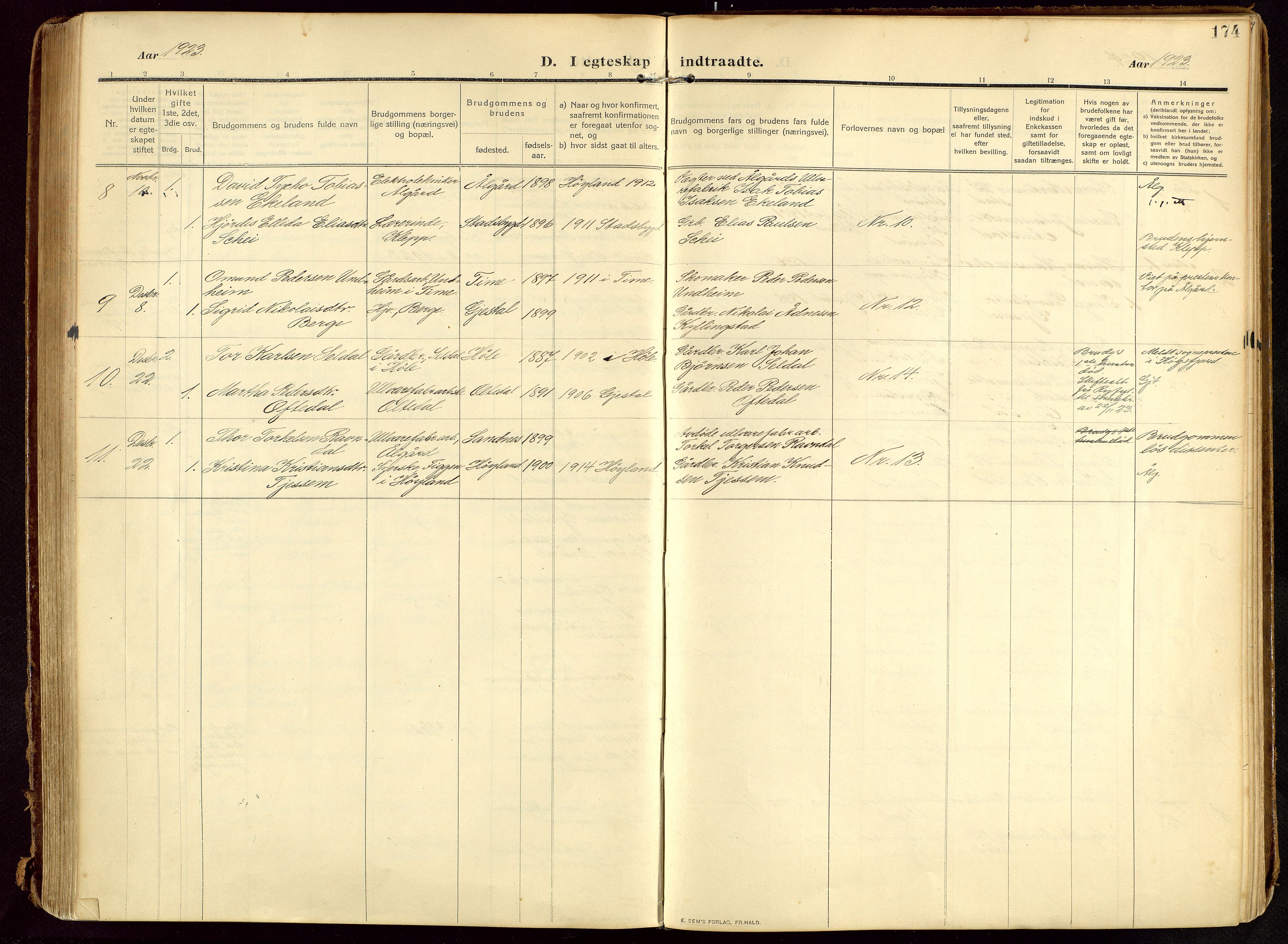 Lye sokneprestkontor, AV/SAST-A-101794/002/B/L0001: Parish register (official) no. A 13, 1910-1925, p. 174