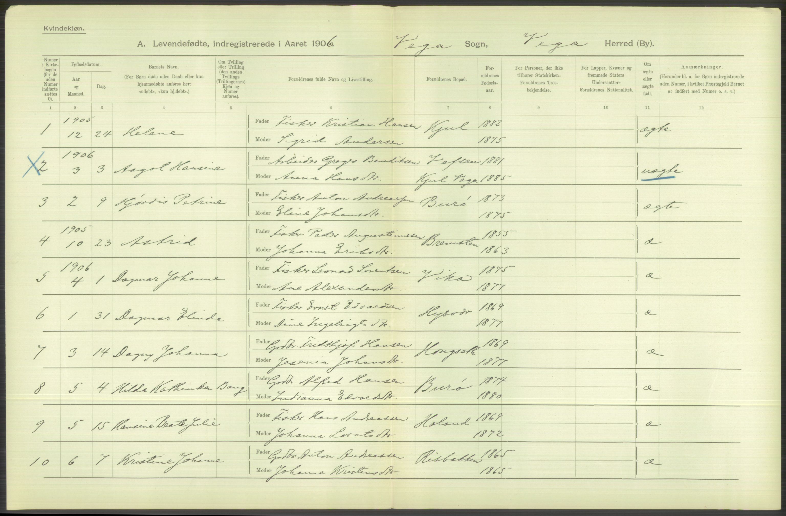 Statistisk sentralbyrå, Sosiodemografiske emner, Befolkning, AV/RA-S-2228/D/Df/Dfa/Dfad/L0043: Nordlands amt: Levendefødte menn og kvinner. Bygder., 1906, p. 12