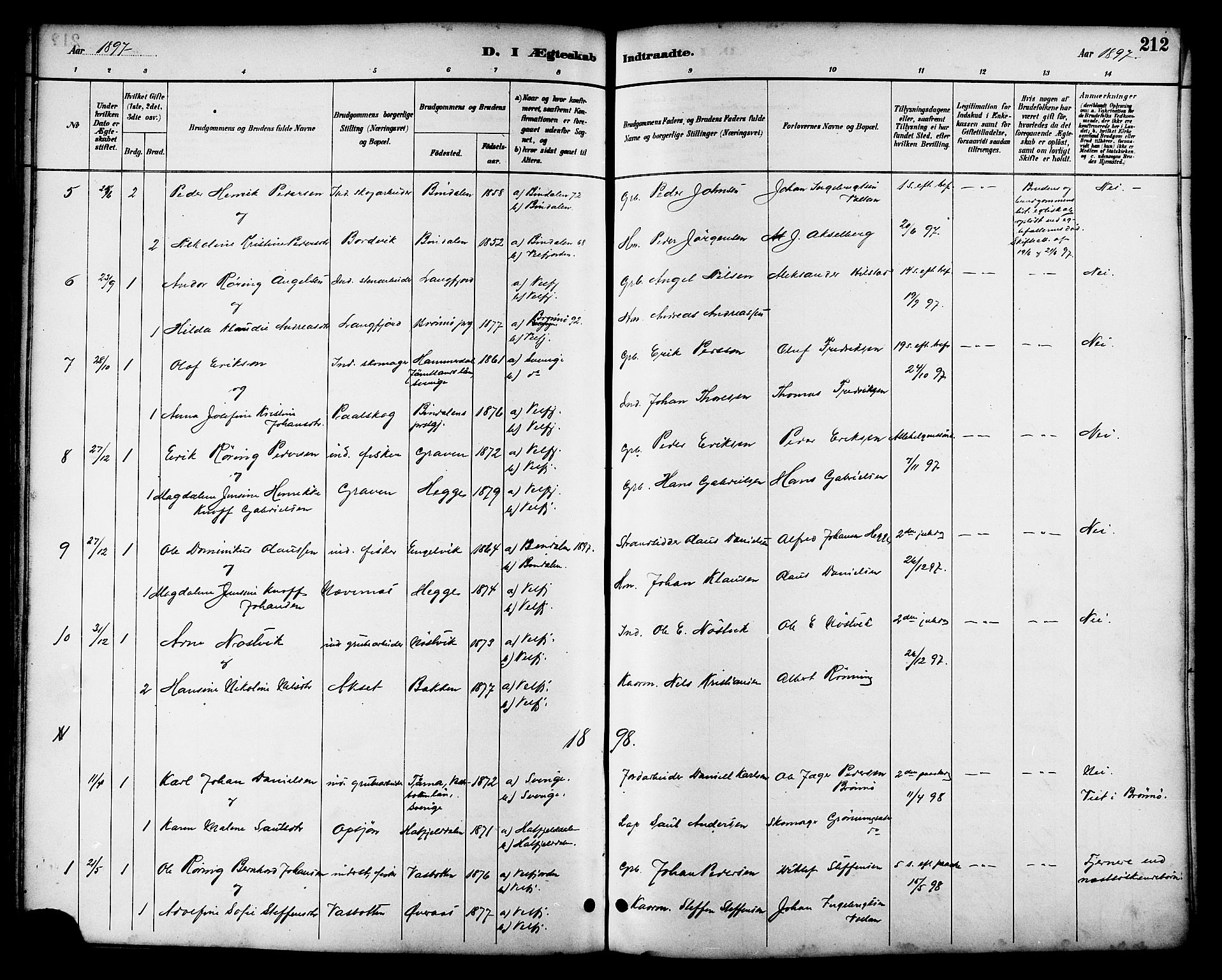 Ministerialprotokoller, klokkerbøker og fødselsregistre - Nordland, AV/SAT-A-1459/814/L0230: Parish register (copy) no. 814C03, 1884-1911, p. 212