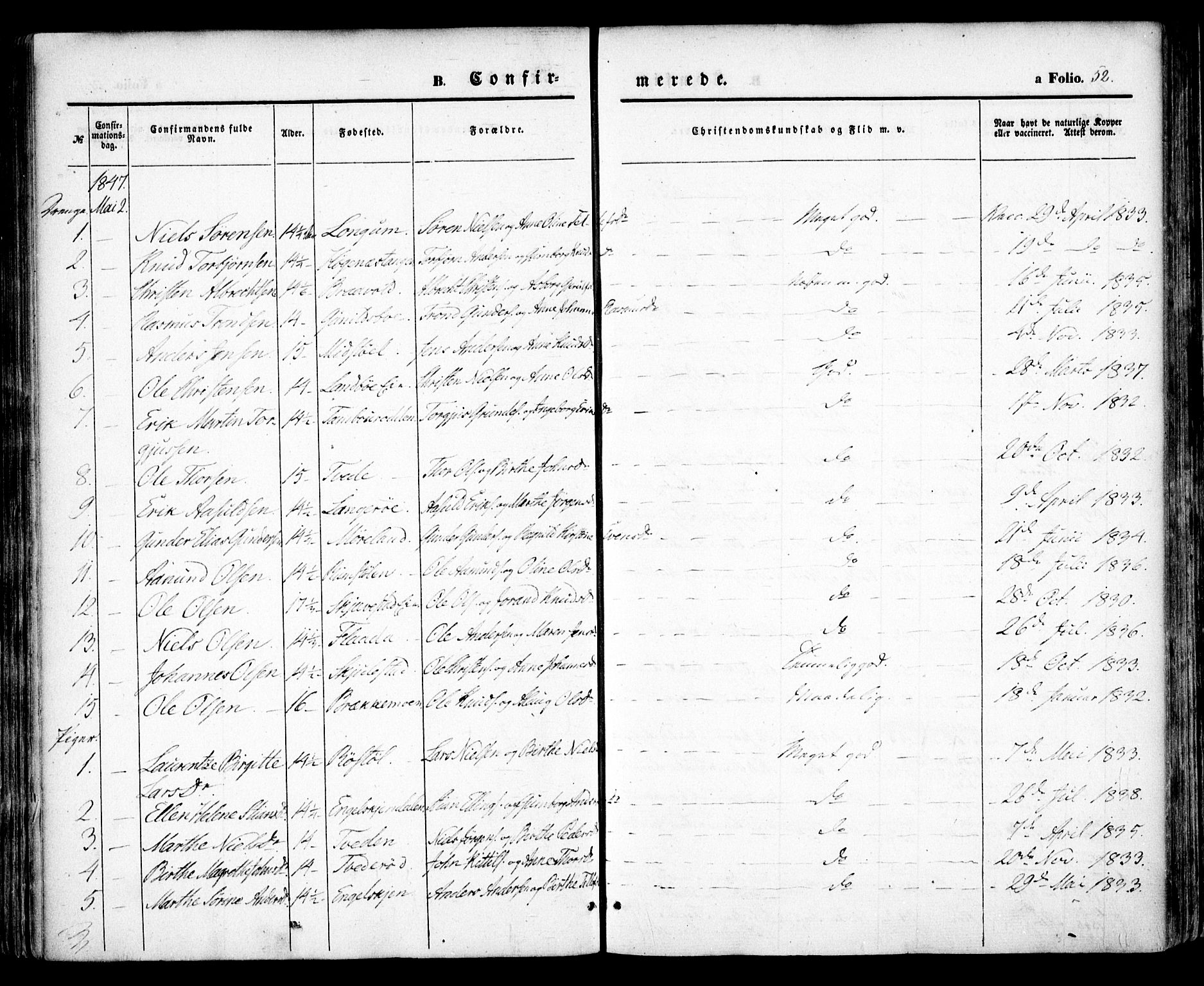 Austre Moland sokneprestkontor, SAK/1111-0001/F/Fa/Faa/L0007: Parish register (official) no. A 7, 1847-1857, p. 52