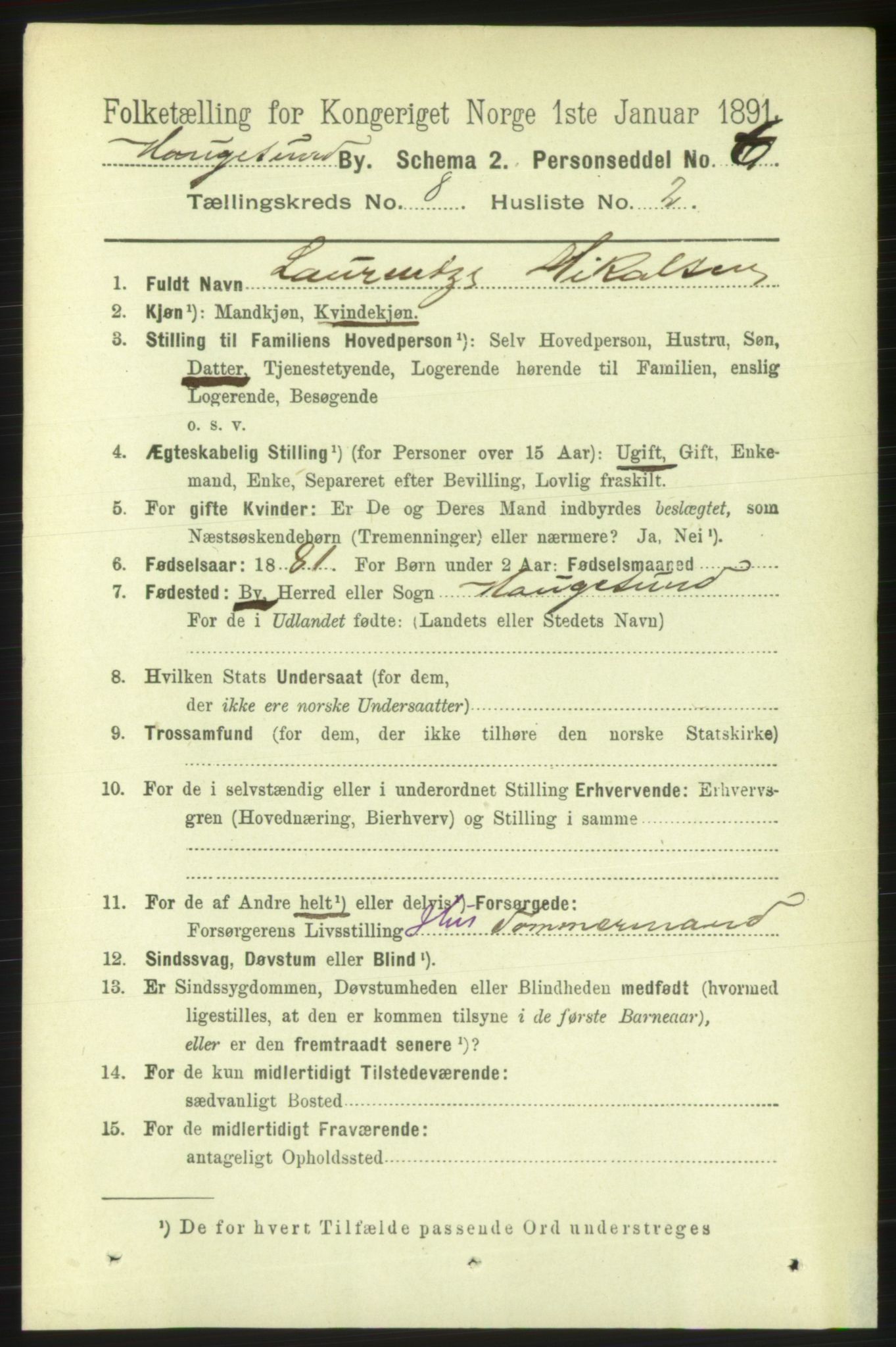 RA, 1891 census for 1106 Haugesund, 1891, p. 3694