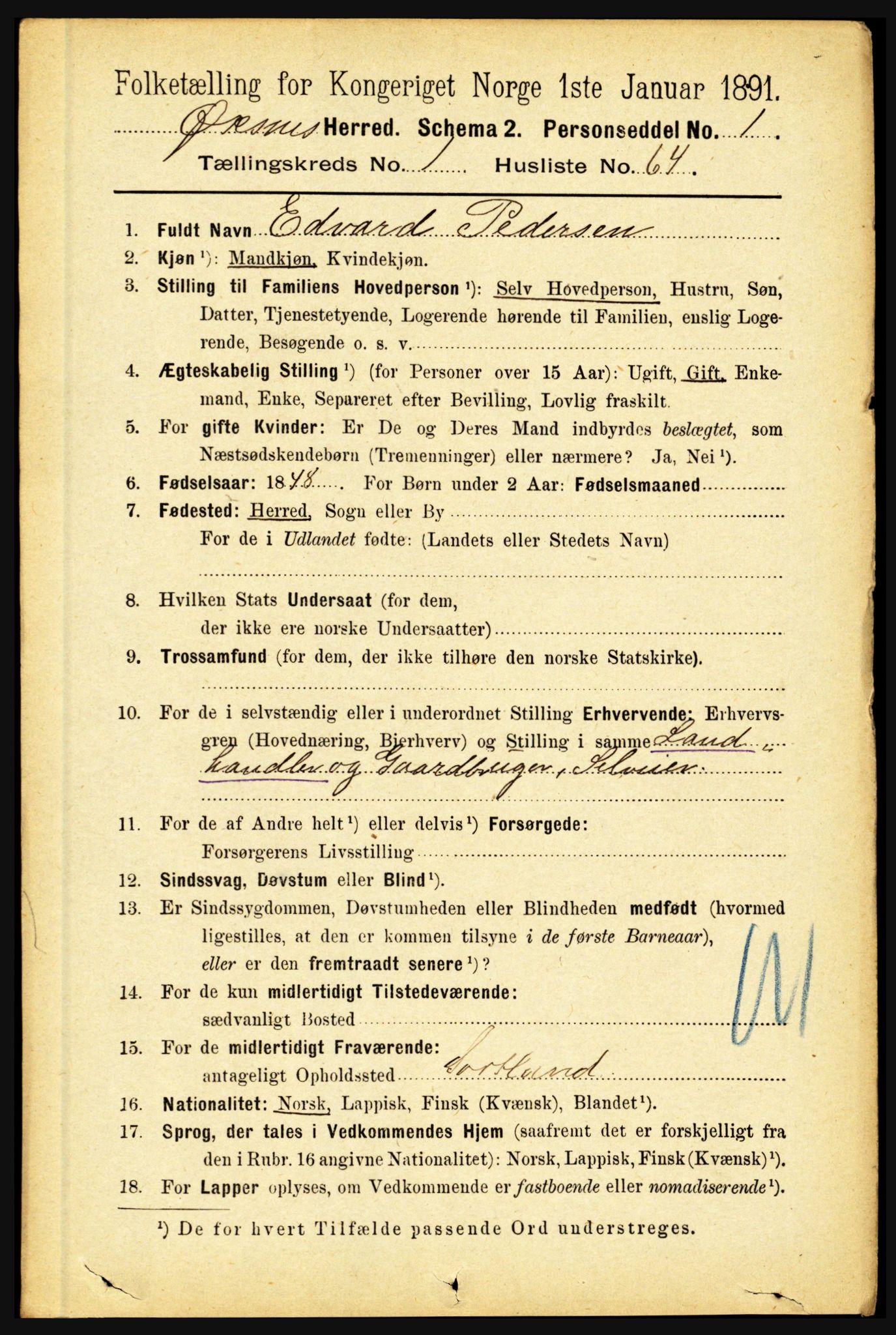 RA, 1891 census for 1868 Øksnes, 1891, p. 580