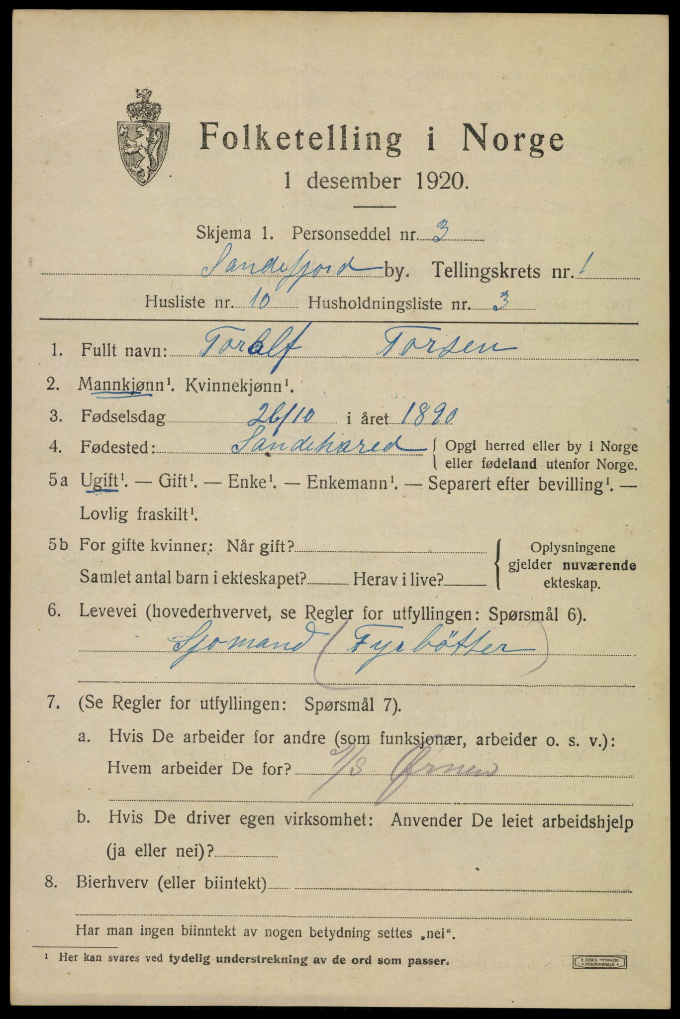 SAKO, 1920 census for Sandefjord, 1920, p. 4322