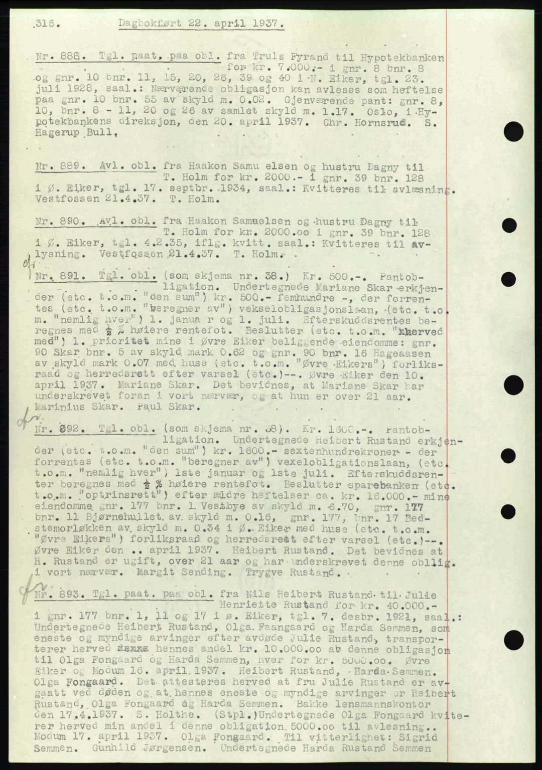 Eiker, Modum og Sigdal sorenskriveri, SAKO/A-123/G/Ga/Gab/L0035: Mortgage book no. A5, 1937-1937, Diary no: : 888/1937