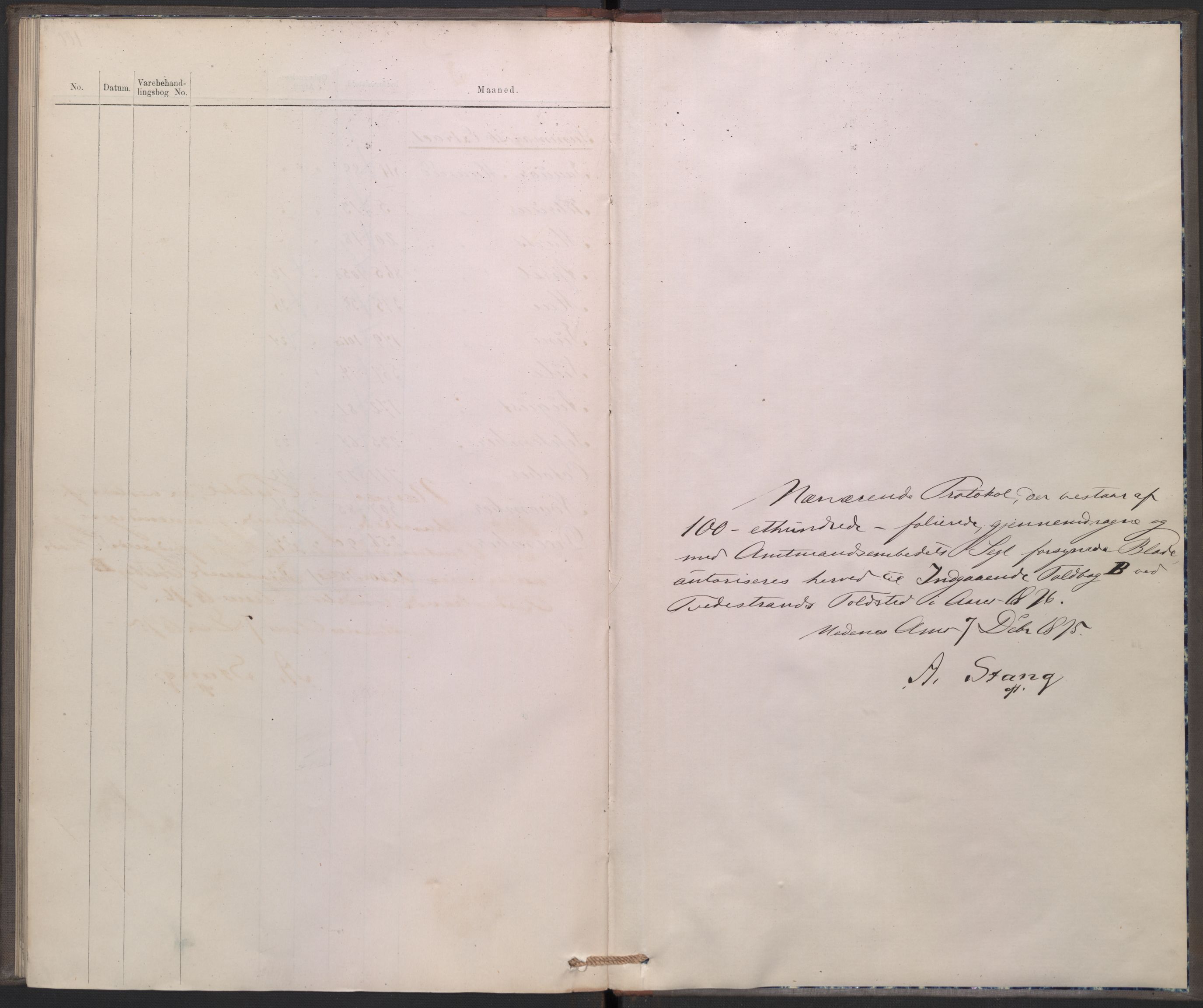 Revisjonsdepartementet, 2. revisjonskontor, RA/S-1115/E/E039/L0275: Tvedestrand: Inngående tollbok, 1876