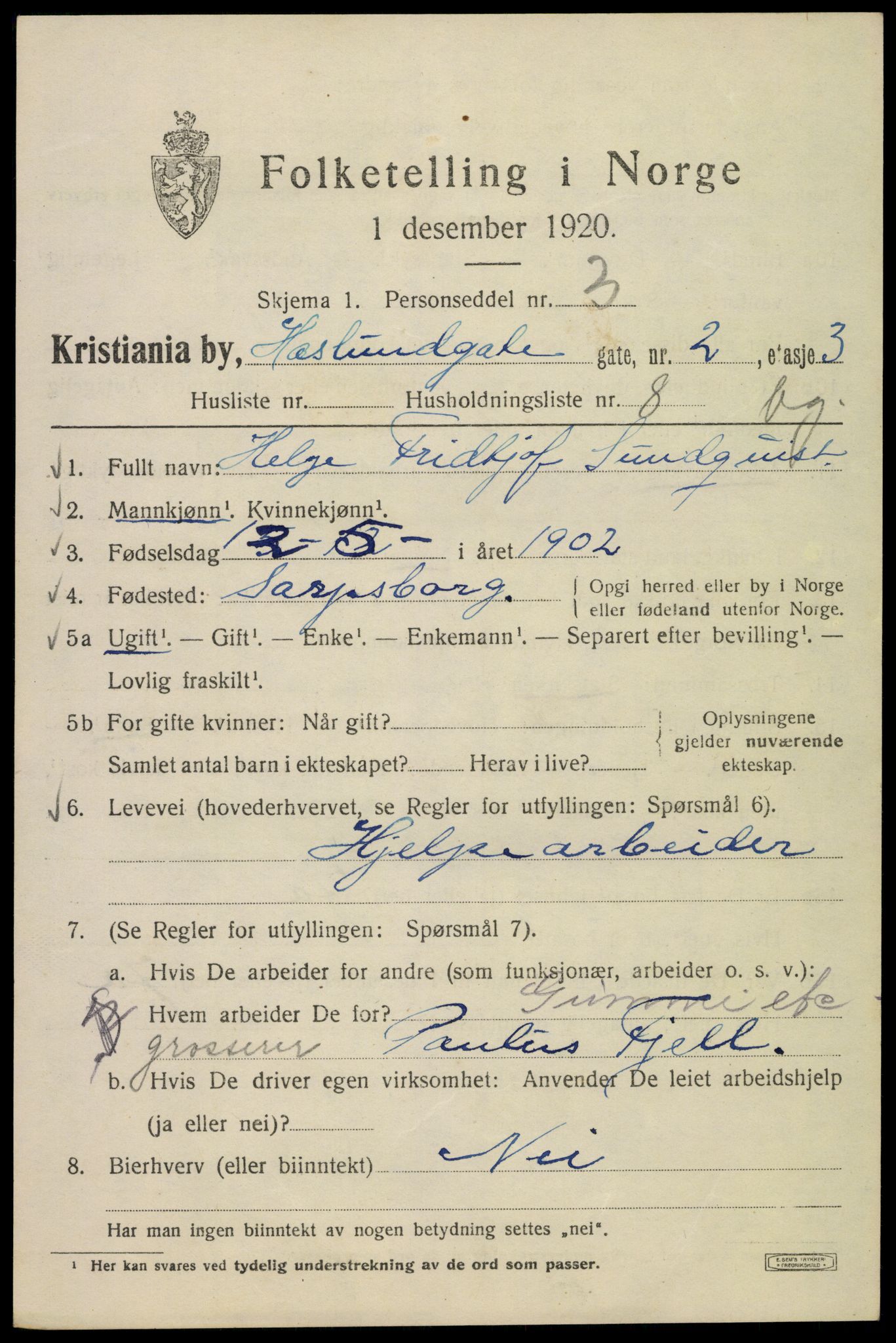 SAO, 1920 census for Kristiania, 1920, p. 272085